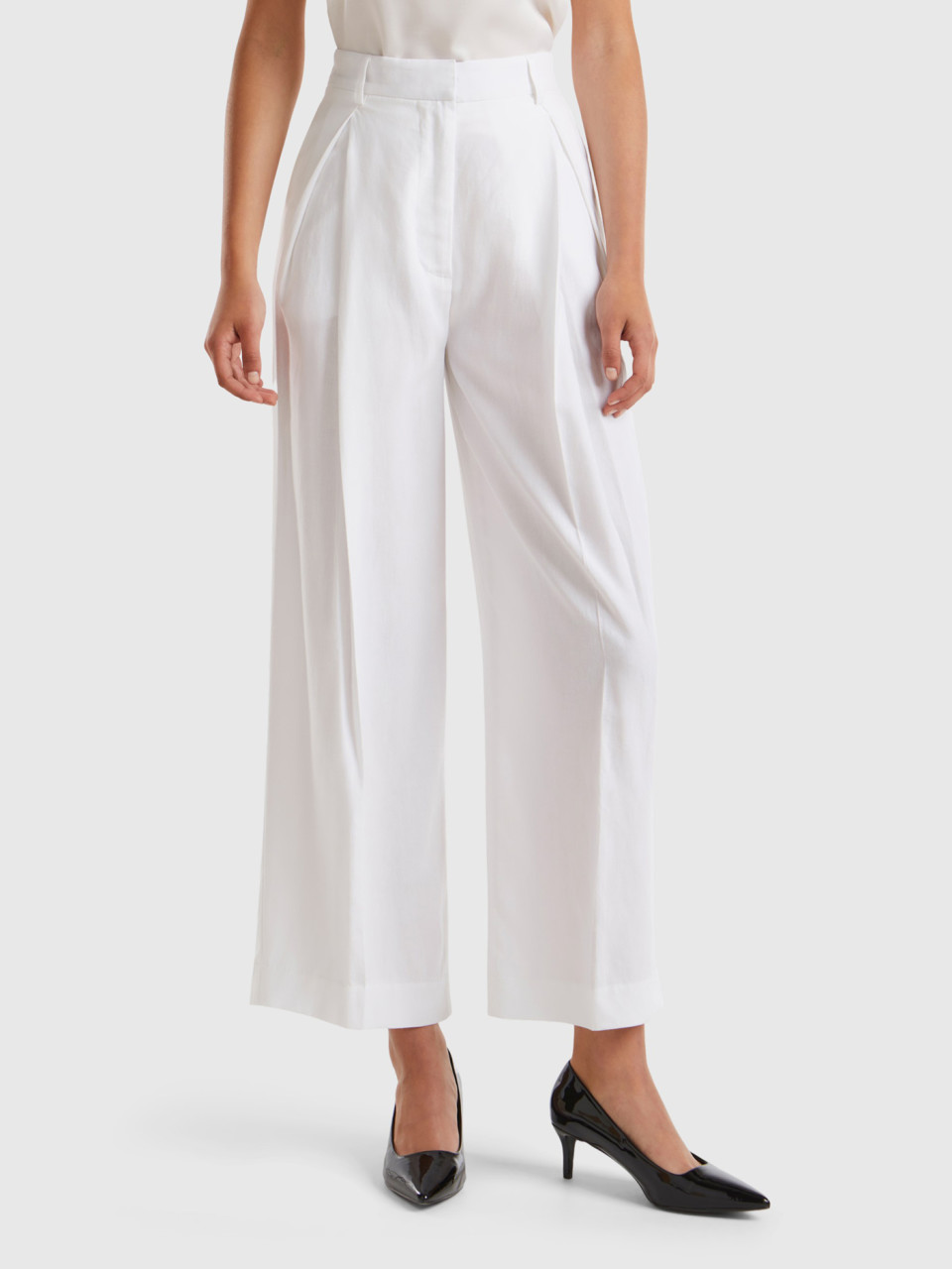Benetton, Trousers In Sustainable Viscose, White, Women