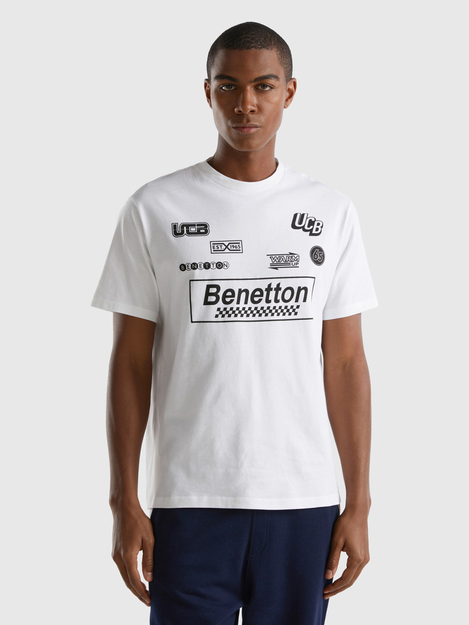Benetton, Camiseta Blanca Estampado De Logotipos, Blanco, Hombre