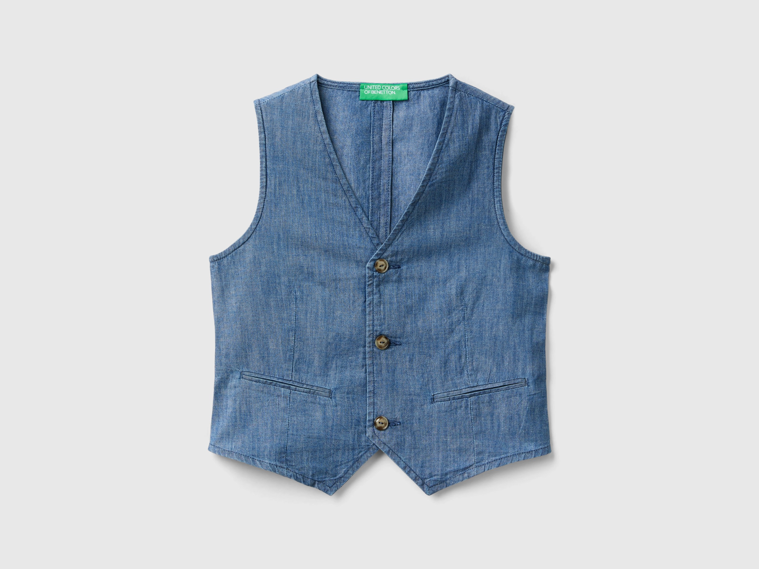 Benetton, Gilet In Chambray, Blu, Bambini