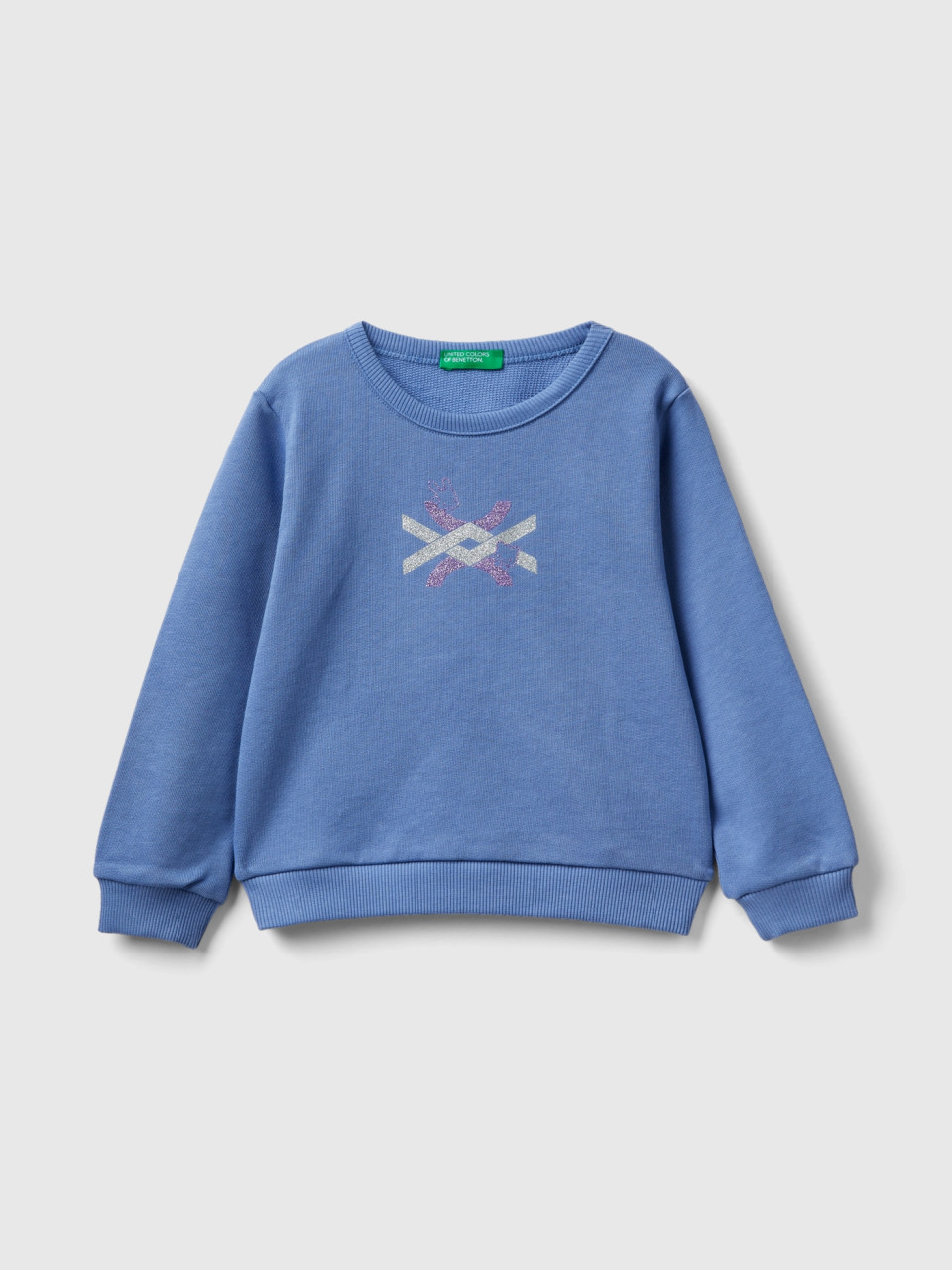 Benetton, Sky Blue Sweatshirt In Organic Cotton With Glittery Print, Light Blue, Kids