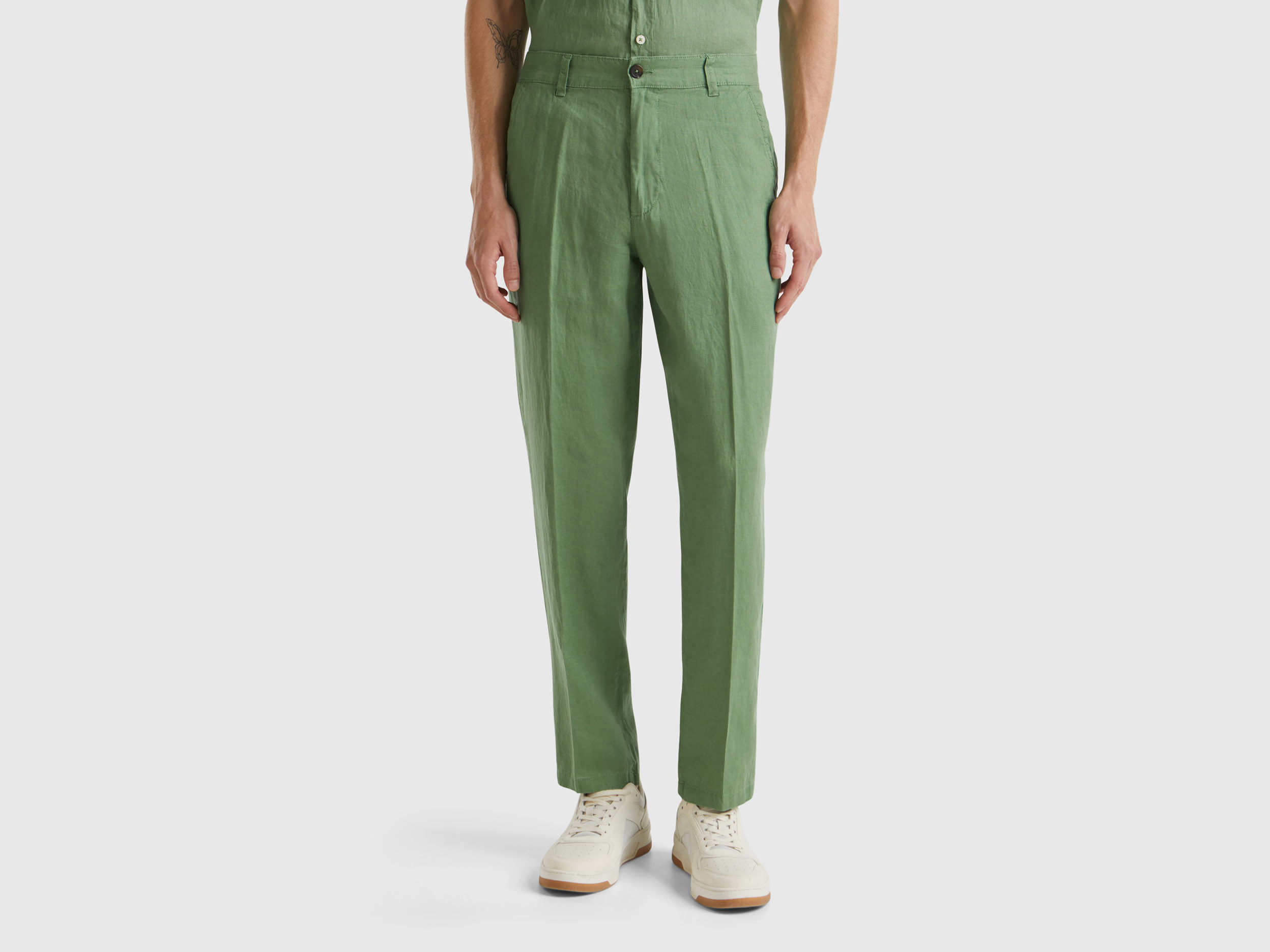 Benetton, Chino In Puro Lino, Verde, Uomo
