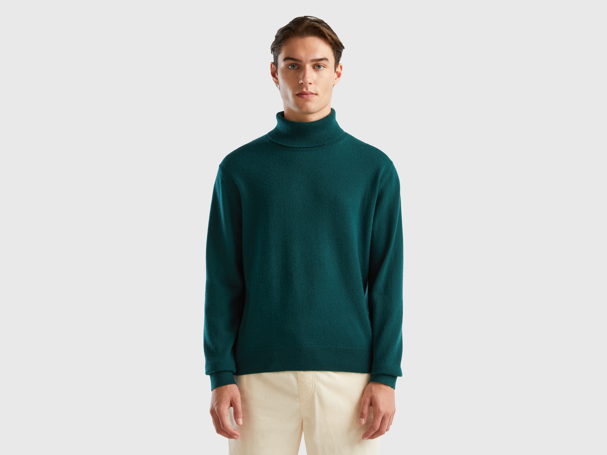 Benetton, Dark Green Turtleneck In Pure Cashmere, size S, Dark Green, Men