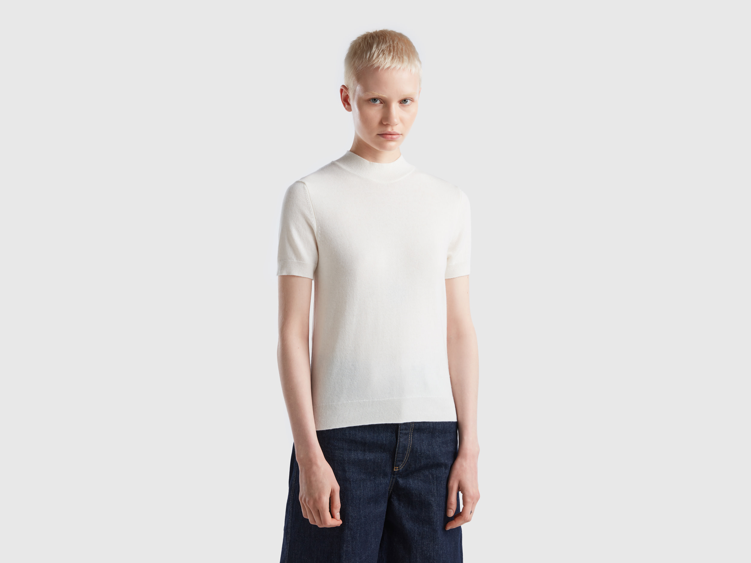 Benetton, Cream White Short Sleeve Sweater In Cashmere Blend, size XL, Creamy White, Women