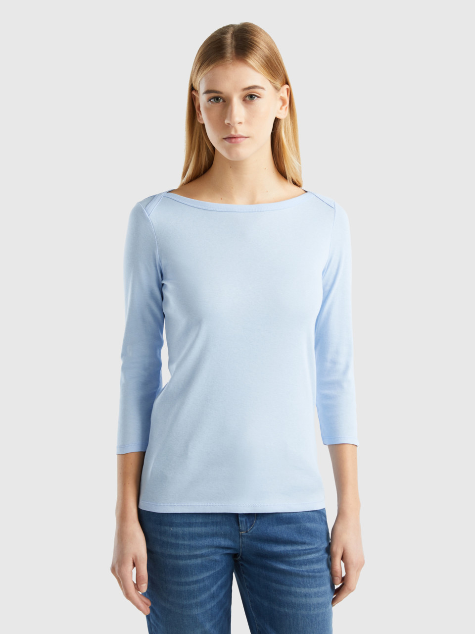 Benetton, T-shirt Encolure Bateau 100 % Coton, Bleu Ciel, Femme