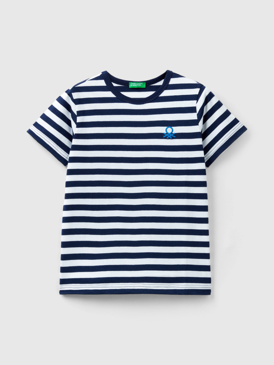 Benetton, Striped 100% Cotton T-shirt, Dark Blue, Kids