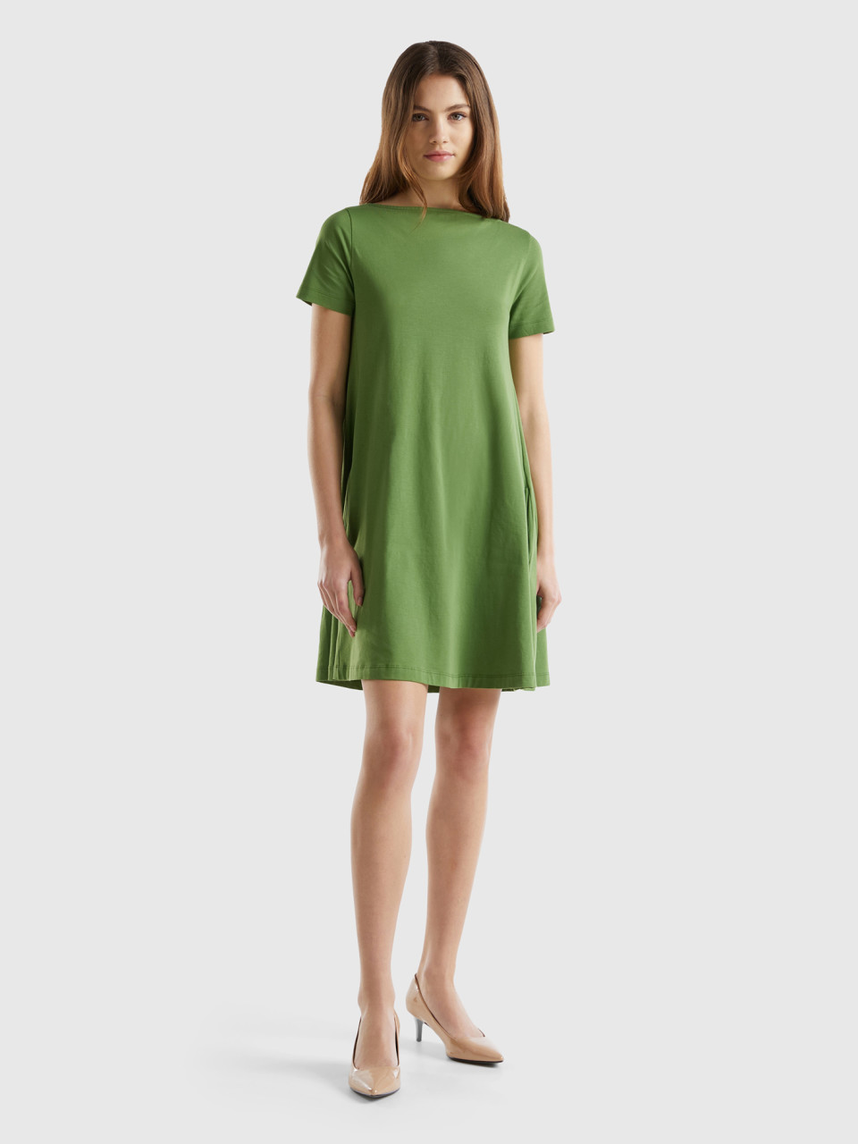 Benetton, Short Flared Dress, Military Green, Women