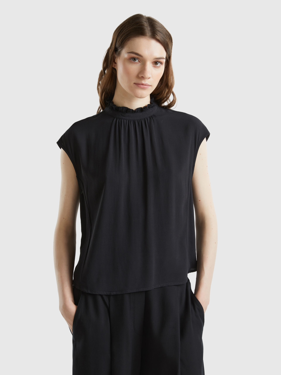 Benetton, Blouse With Rouches On The Neck, Black, Women