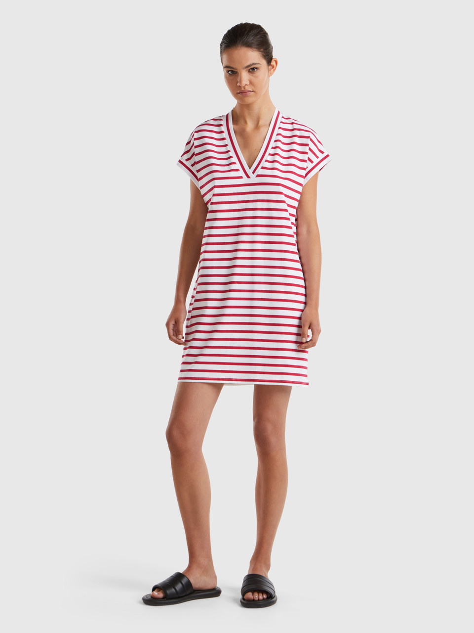 Benetton, Striped Dress With V-neck, Red, Women