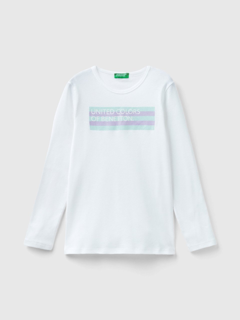 Benetton, Langärmeliges T-shirt Mit Glitterdruck, Weiss, female