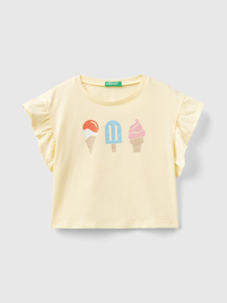 Benetton, T-shirt With Ice-cream Print And Glitter, Vanilla, Kids