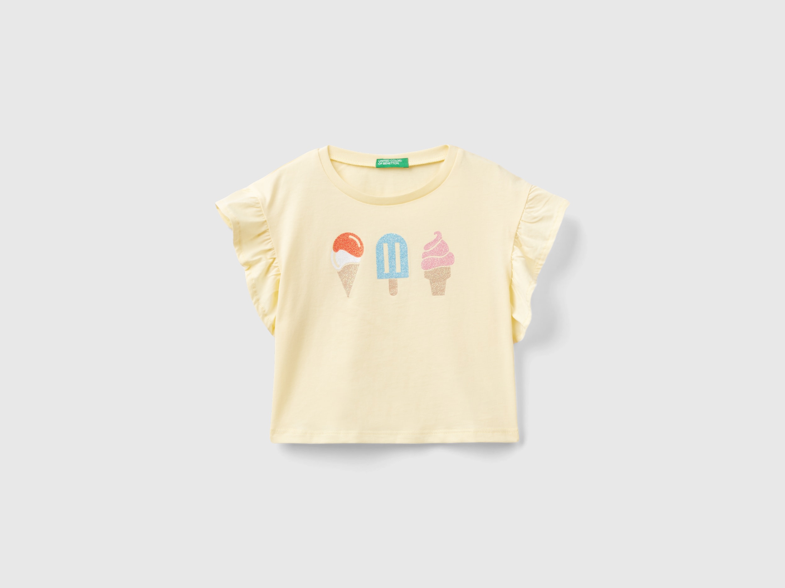 Image of Benetton, T-shirt With Ice-cream Print And Glitter, size 110, Vanilla, Kids