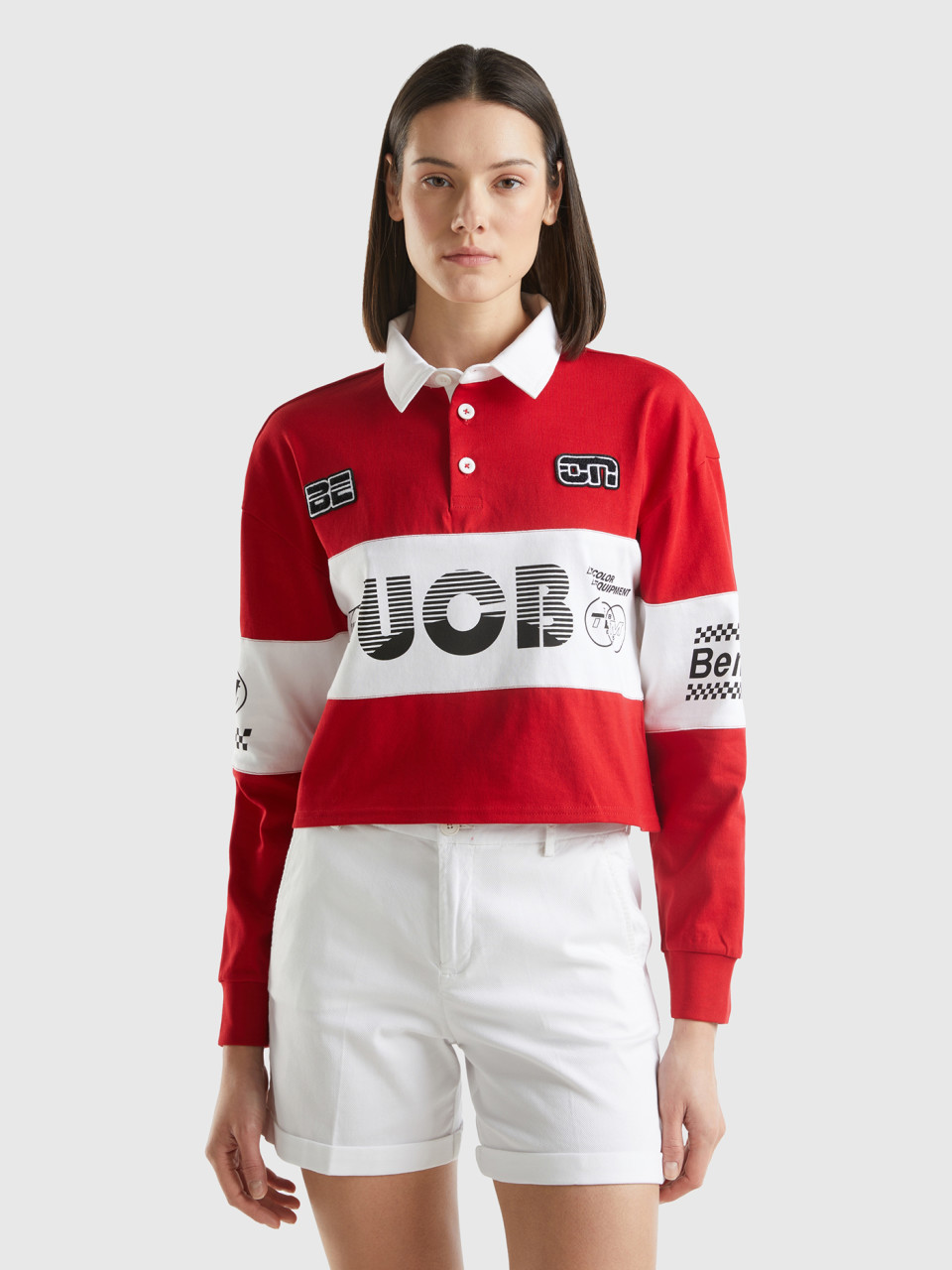 Benetton, Cropped Red Polo With Patch And Prints, Red, Women