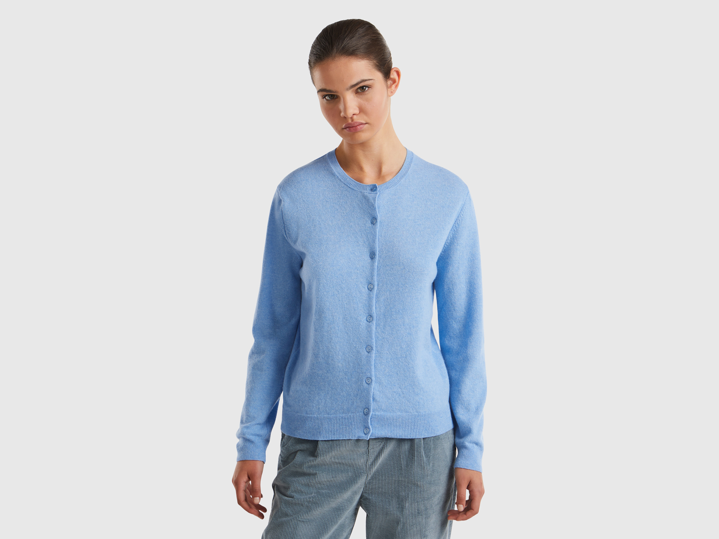 Benetton, Cardigan Girocollo Azzurro Mélange In Pura Lana Merino, Azzurro, Donna
