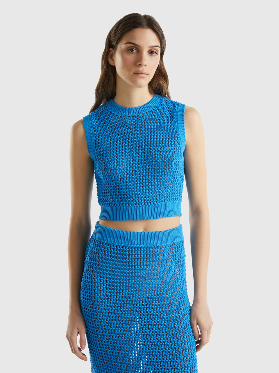 Benetton, Cropped Crochet Vest, Blue, Women