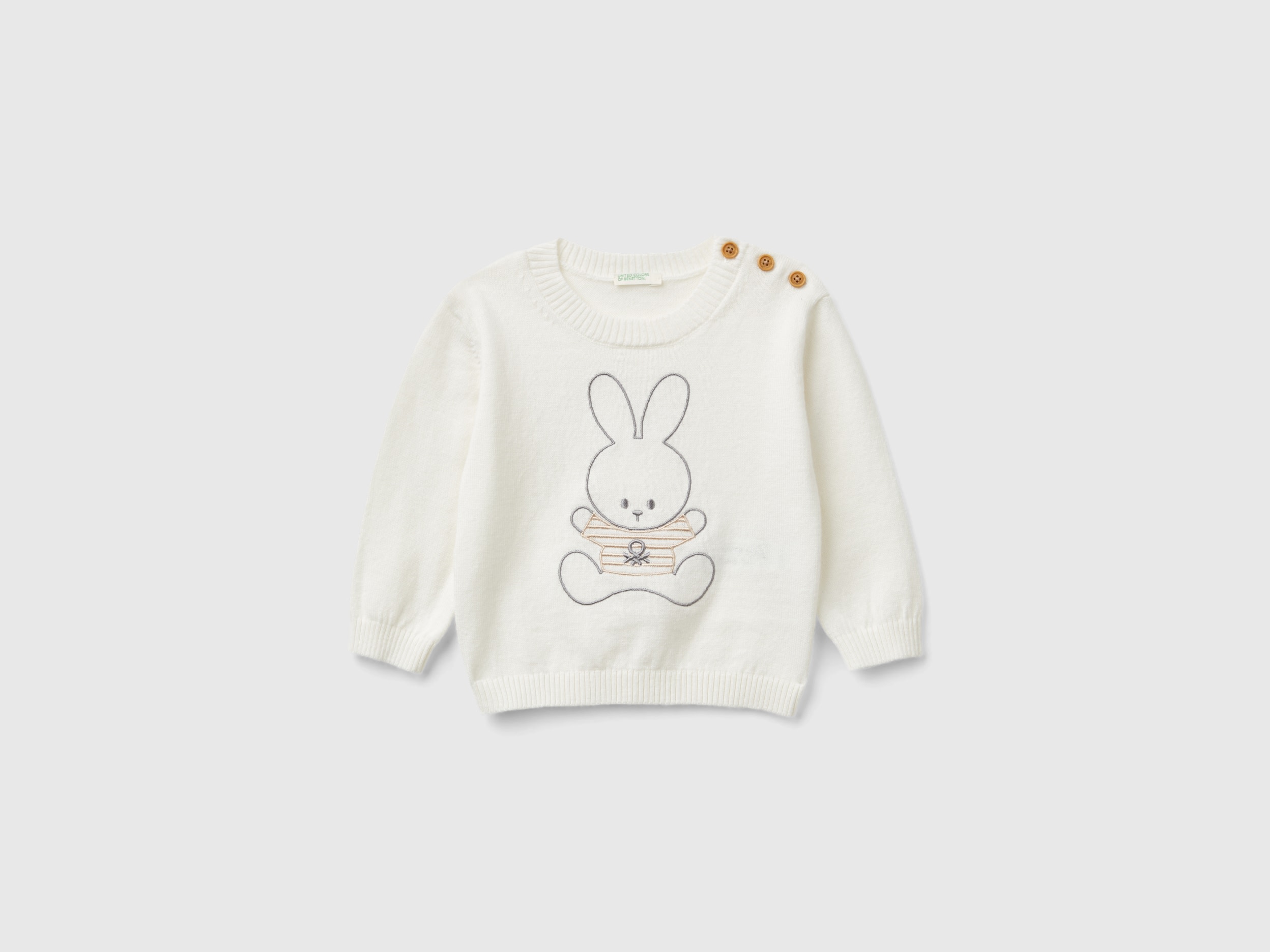 Benetton, Maglia In Misto Lana Con Ricamo, Bianco Panna, Bambini