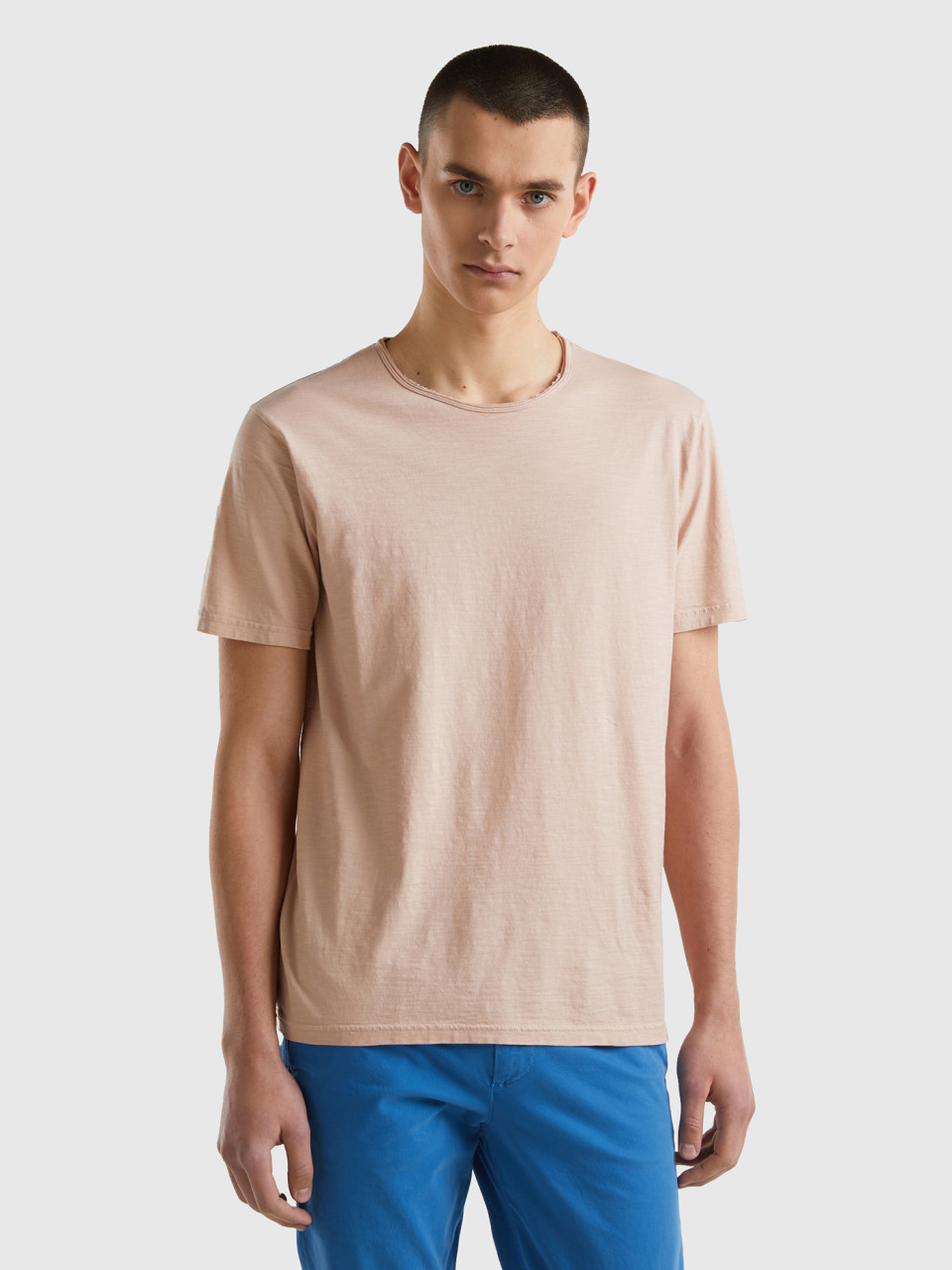 Benetton, Pink Slub Cotton T-shirt, Nude, Men