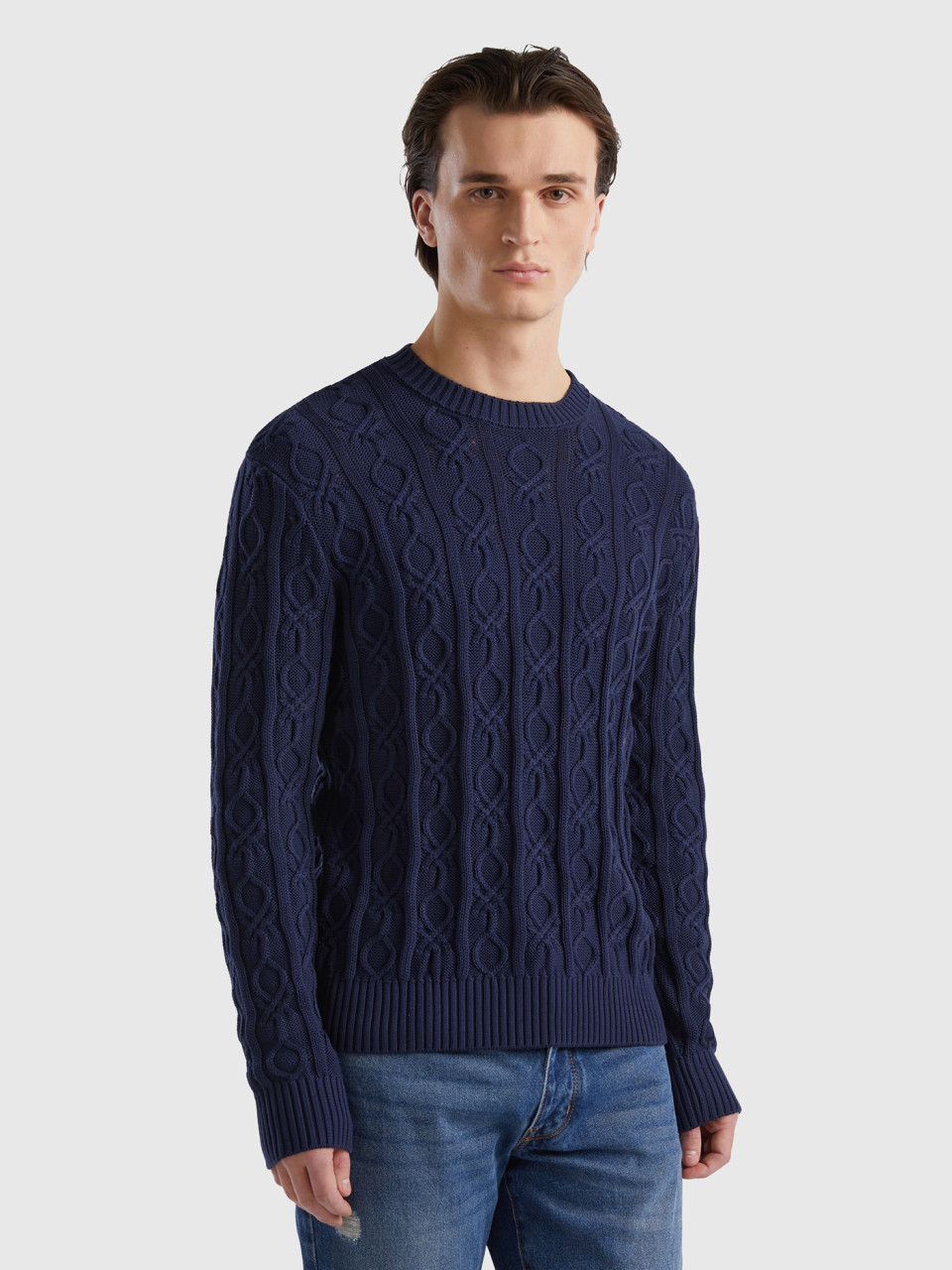 Benetton, Monogram Sweater In 100% Cotton, Dark Blue, Men
