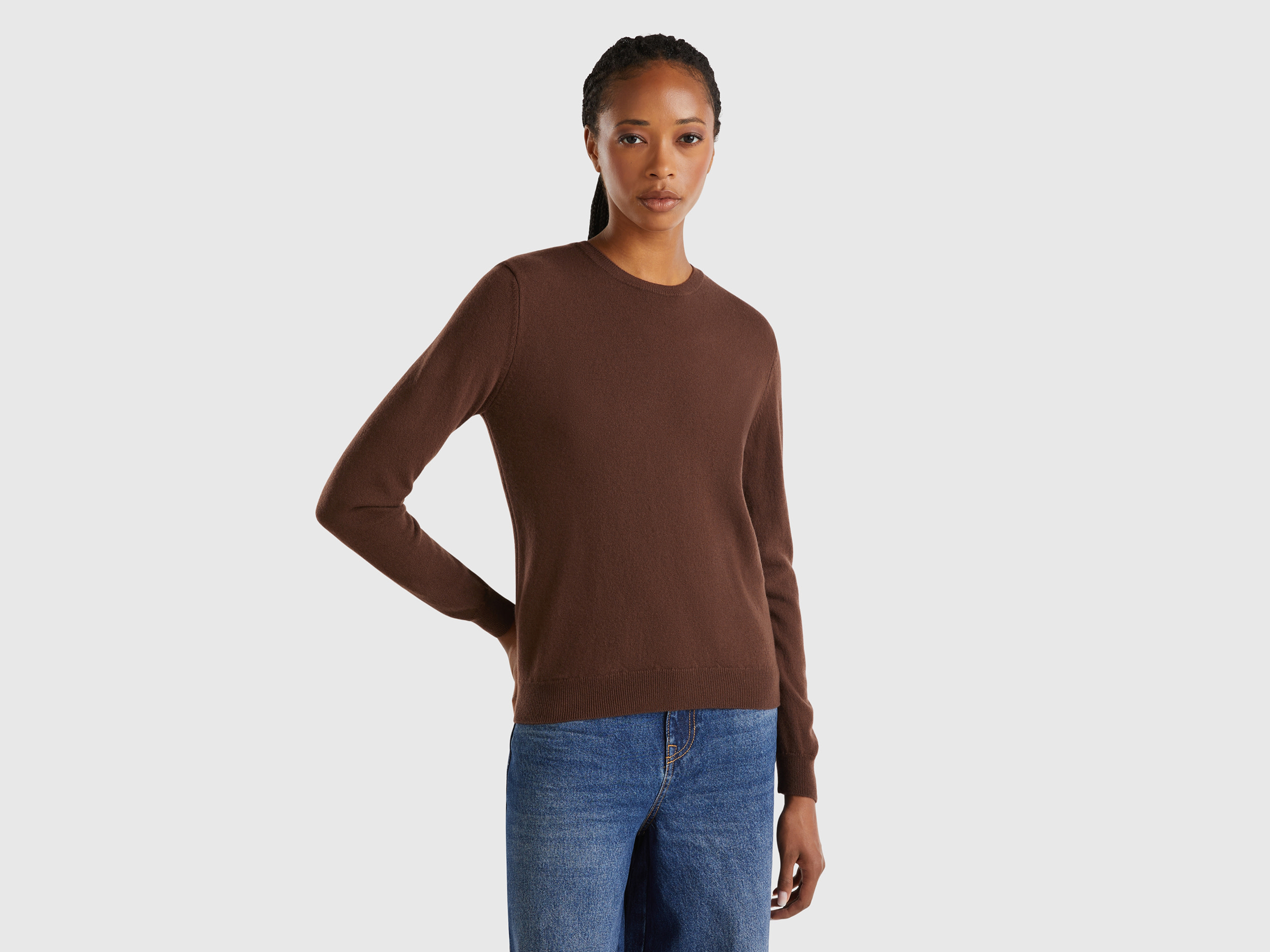 Benetton, Maglia Girocollo Marrone Scuro In Pura Lana Merino, Marrone Scuro, Donna