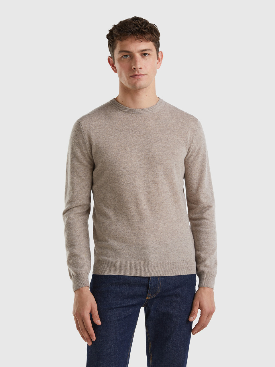 Benetton, Dove Gray Crew Neck Sweater In Pure Merino Wool, Dove Gray, Men
