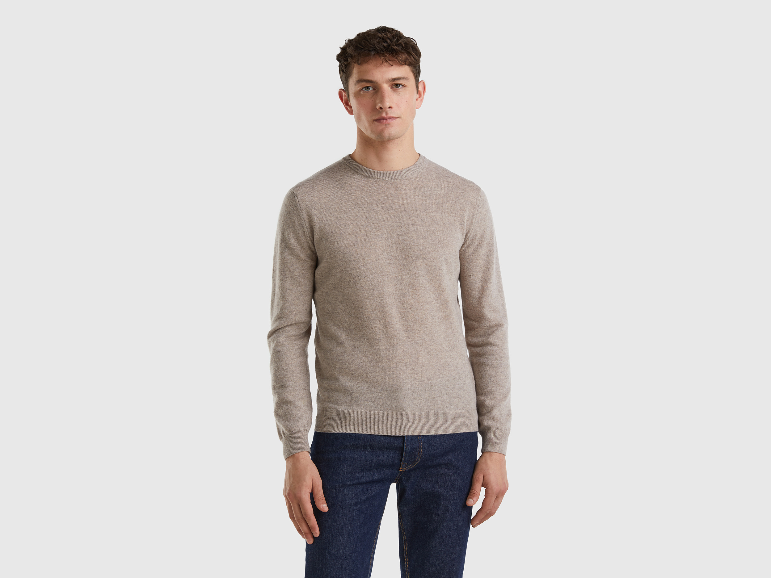 Benetton, Dove Gray Crew Neck Sweater In Pure Merino Wool, size L, Dove Gray, Men