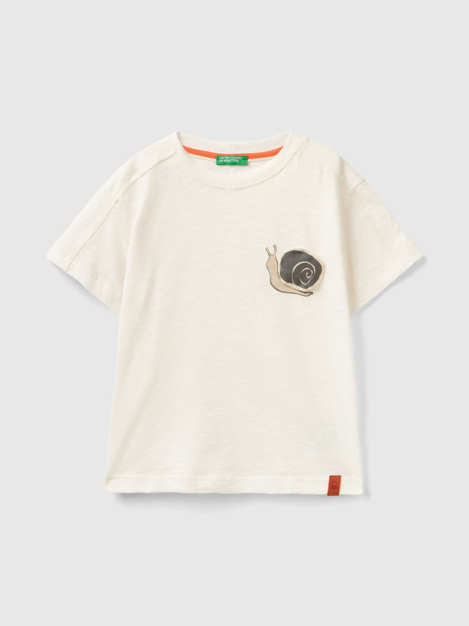 Benetton, T-shirt With Print And Applique, Creamy White, Kids