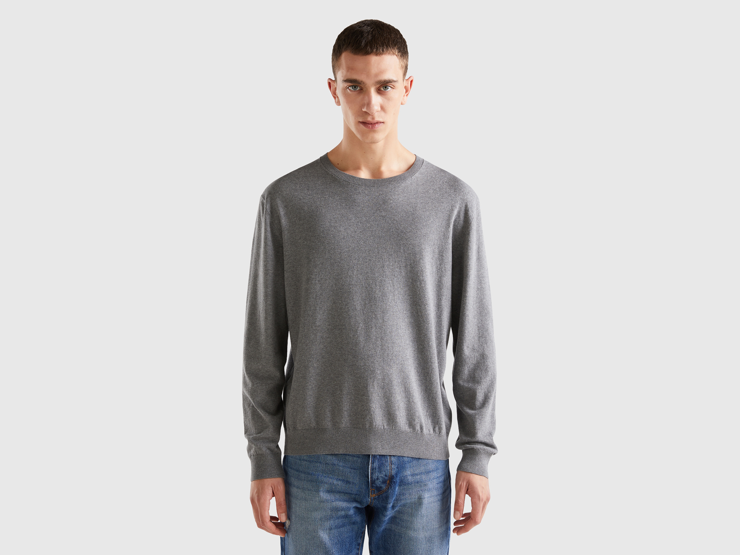 Benetton, Crew Neck Sweater In Lightweight Cotton Blend, size XXL, Dark Gray, Men