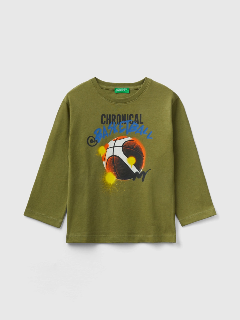 Benetton, Crew Neck T-shirt With Print, Military Green, Kids