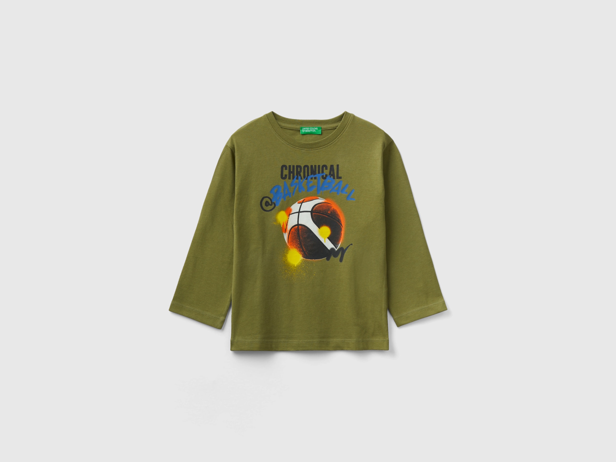 Benetton, Crew Neck T-shirt With Print, size 5-6, Military Green, Kids