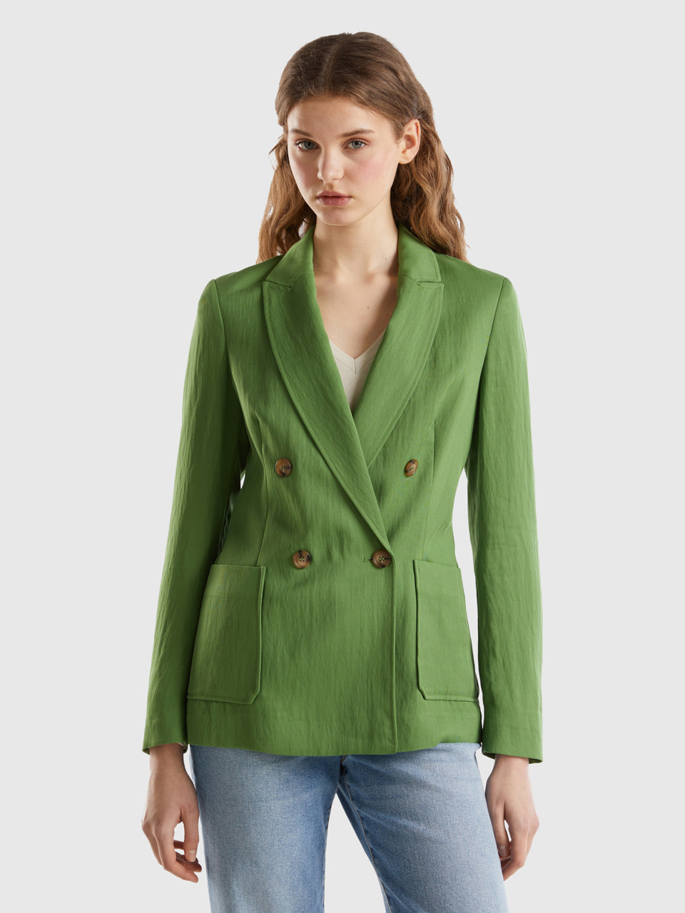 Benetton, Double-breasted Blazer In Sustainable Viscose Blend, Military Green, Women