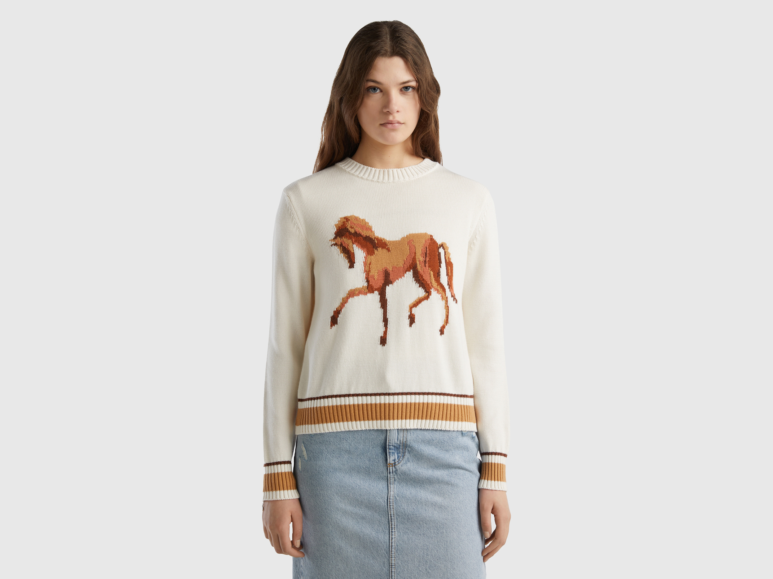 Benetton, Sweater With Horse Inlay, size L, Creamy White, Women