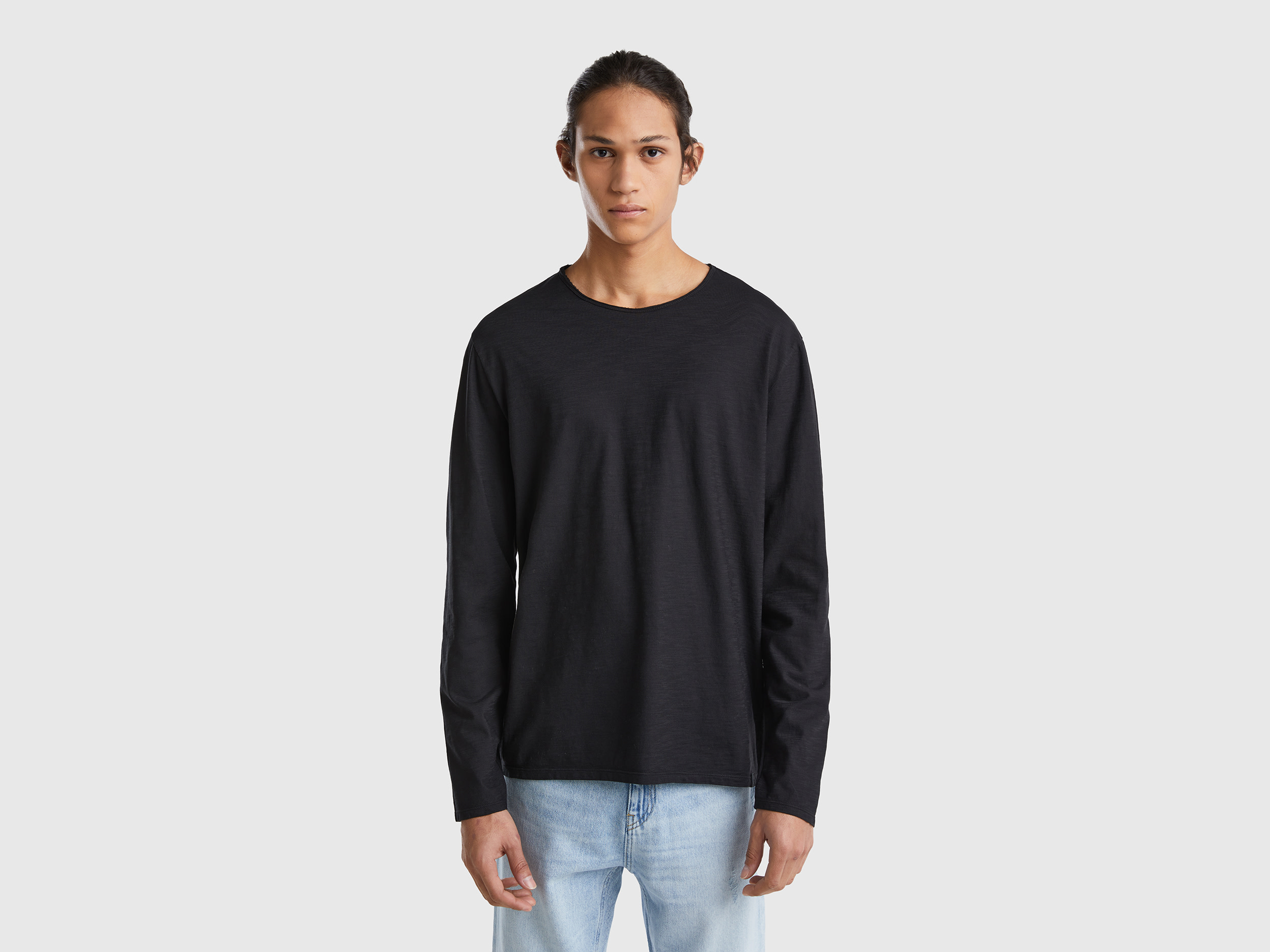 Benetton, Long Sleeve T-shirt In 100% Cotton, size XXL, Black, Men
