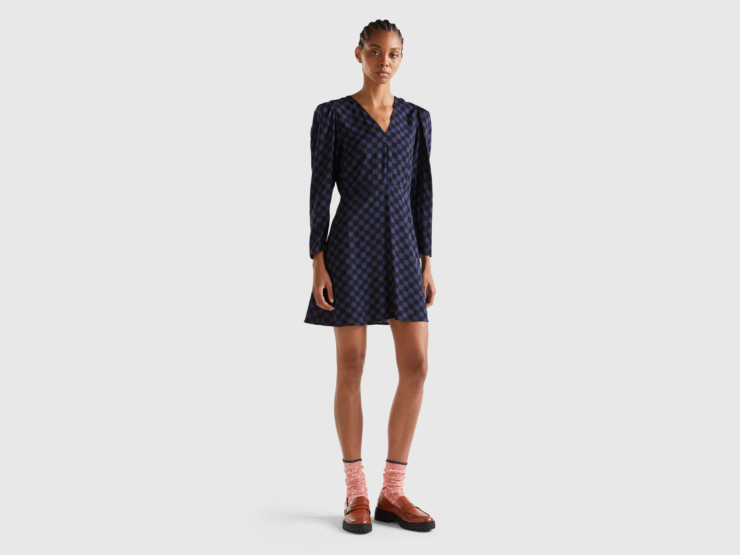 Benetton, Patterned Dress In Sustainable Viscose, size S, Dark Blue, Women