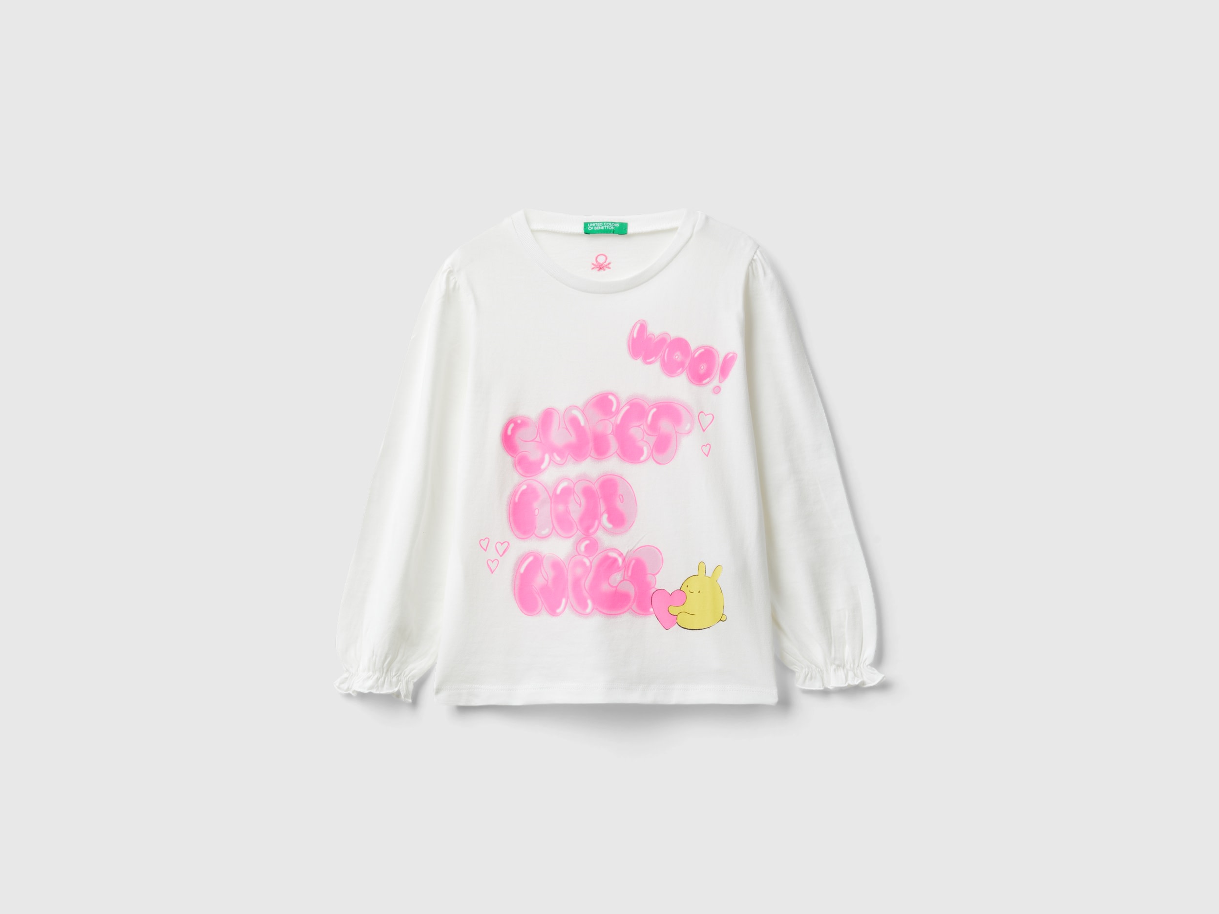 Benetton, T-shirt In Cotone Bio Con Stampa Glitter, Bianco Panna, Bambini