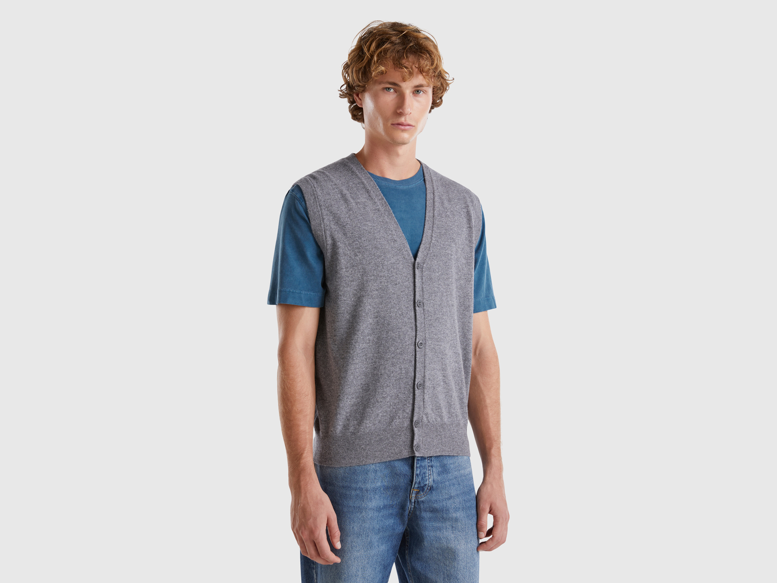 Benetton, Gilet Grigio Scuro In Pura Lana Merino, Grigio Scuro, Uomo