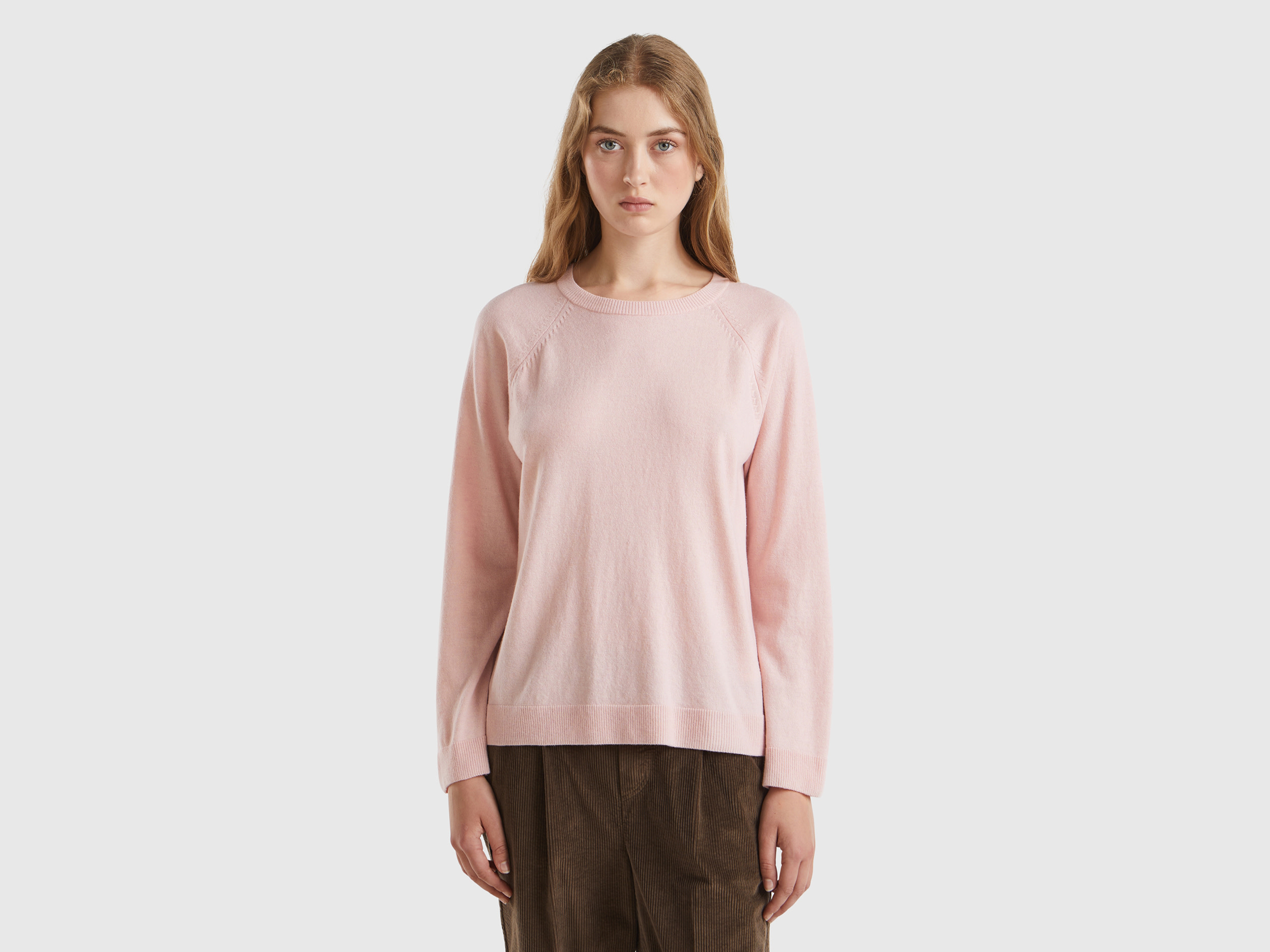 Benetton, Maglia Girocollo Rosa Pastello In Misto Lana E Cashmere, Rosa Pastello, Donna