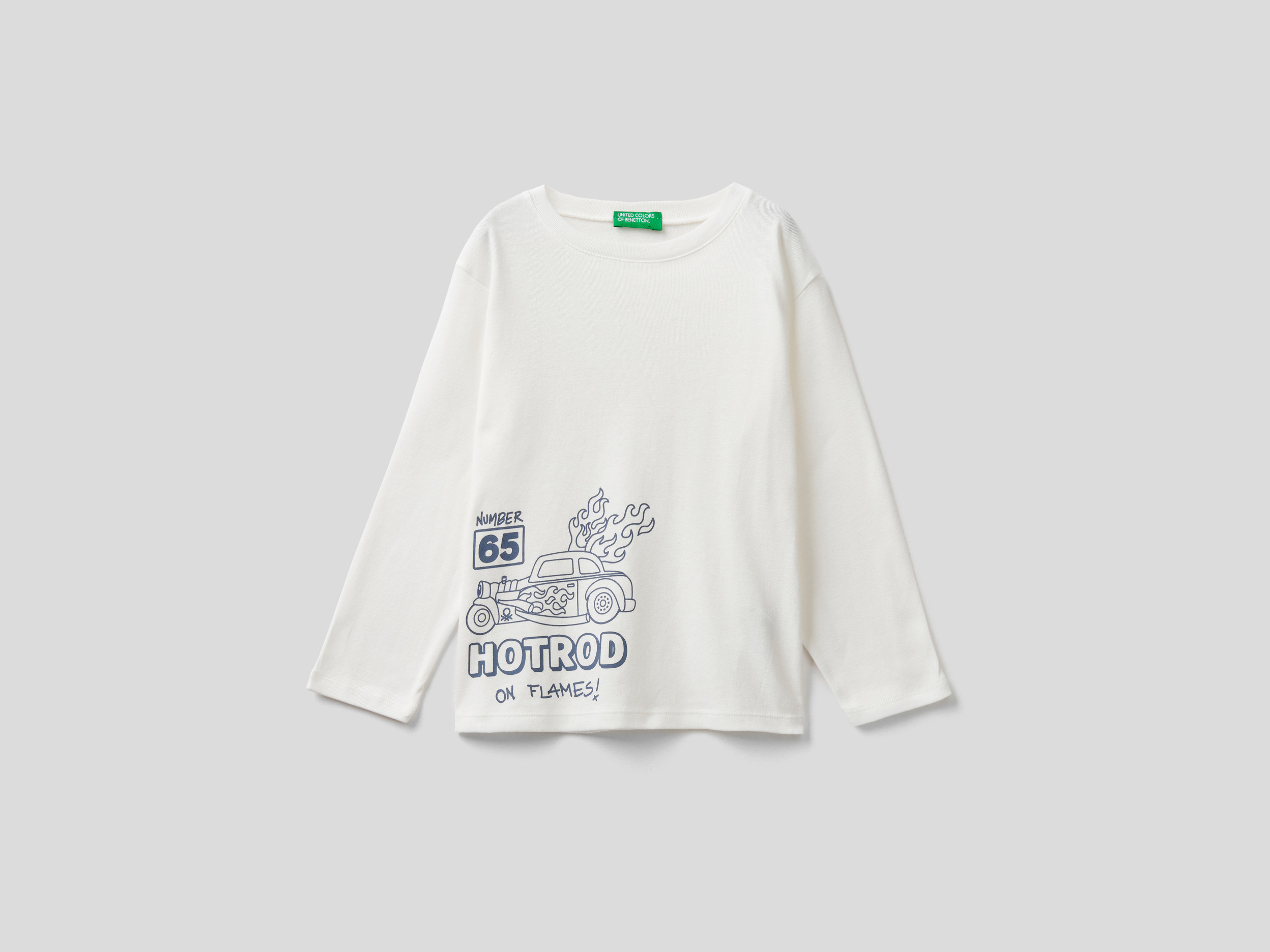 Benetton, T shirt Manica Lunga Con Stampa Slogan, Bianco Panna, Bambini