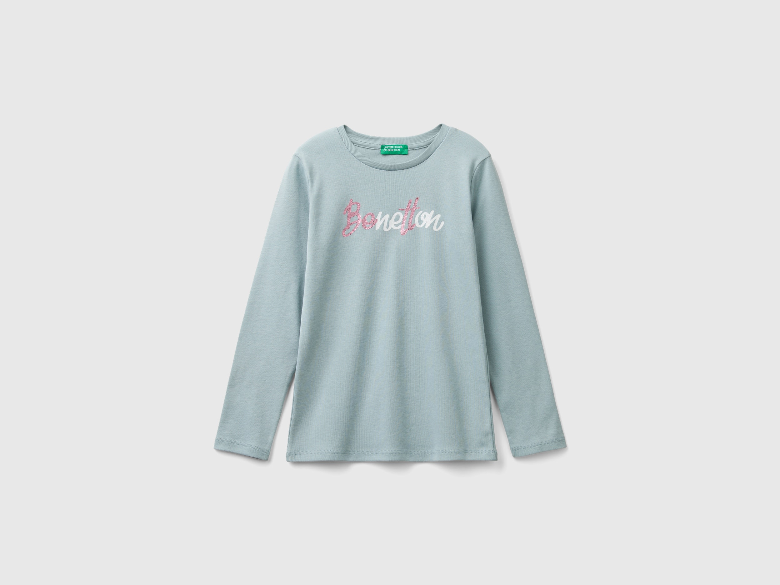 Benetton, T-shirt Manica Lunga Con Stampa Glitter, Grigio Perla, Bambini