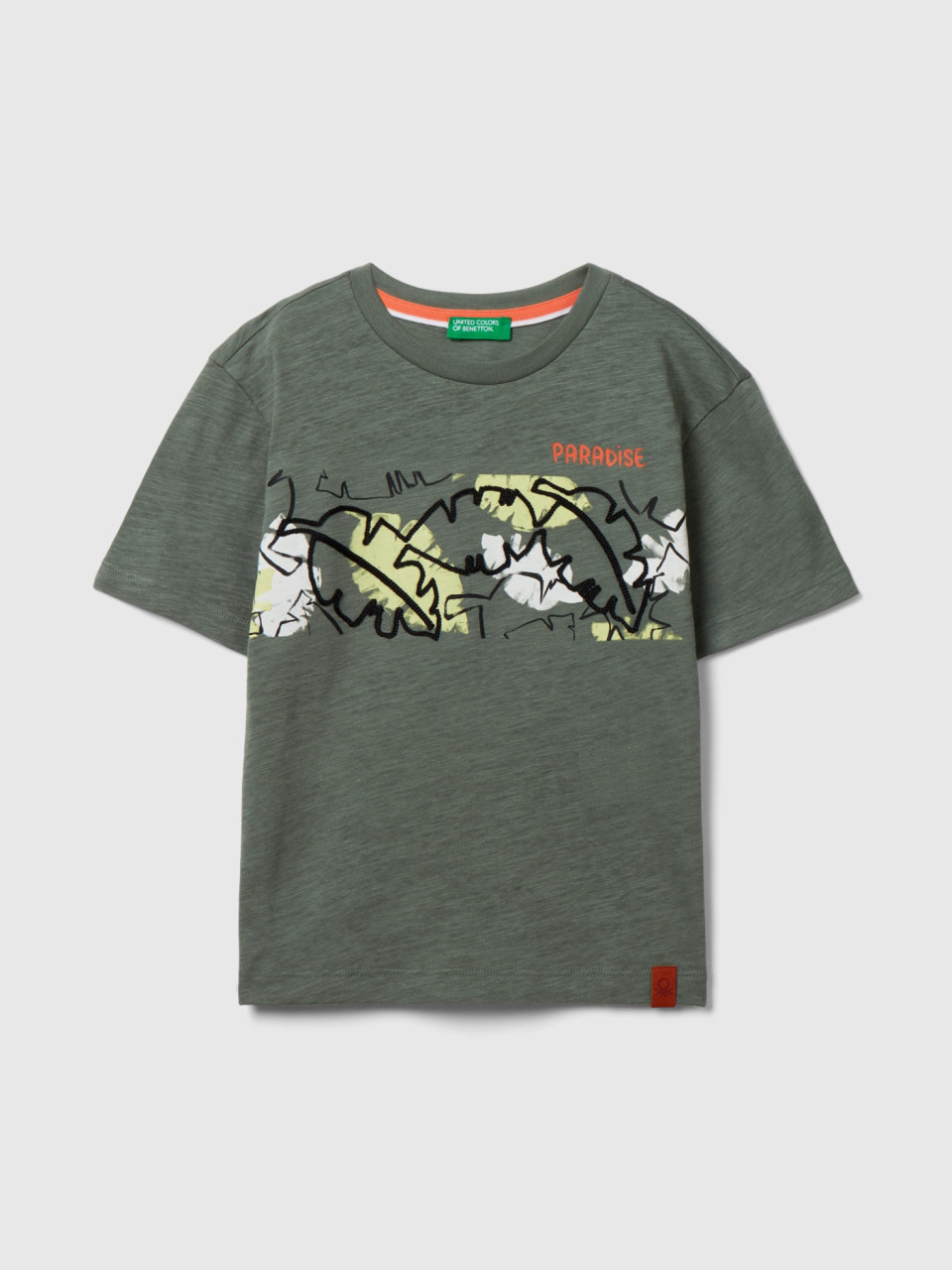 Benetton, T-shirt Con Stampa Esotica, Verde Militare, Bambini