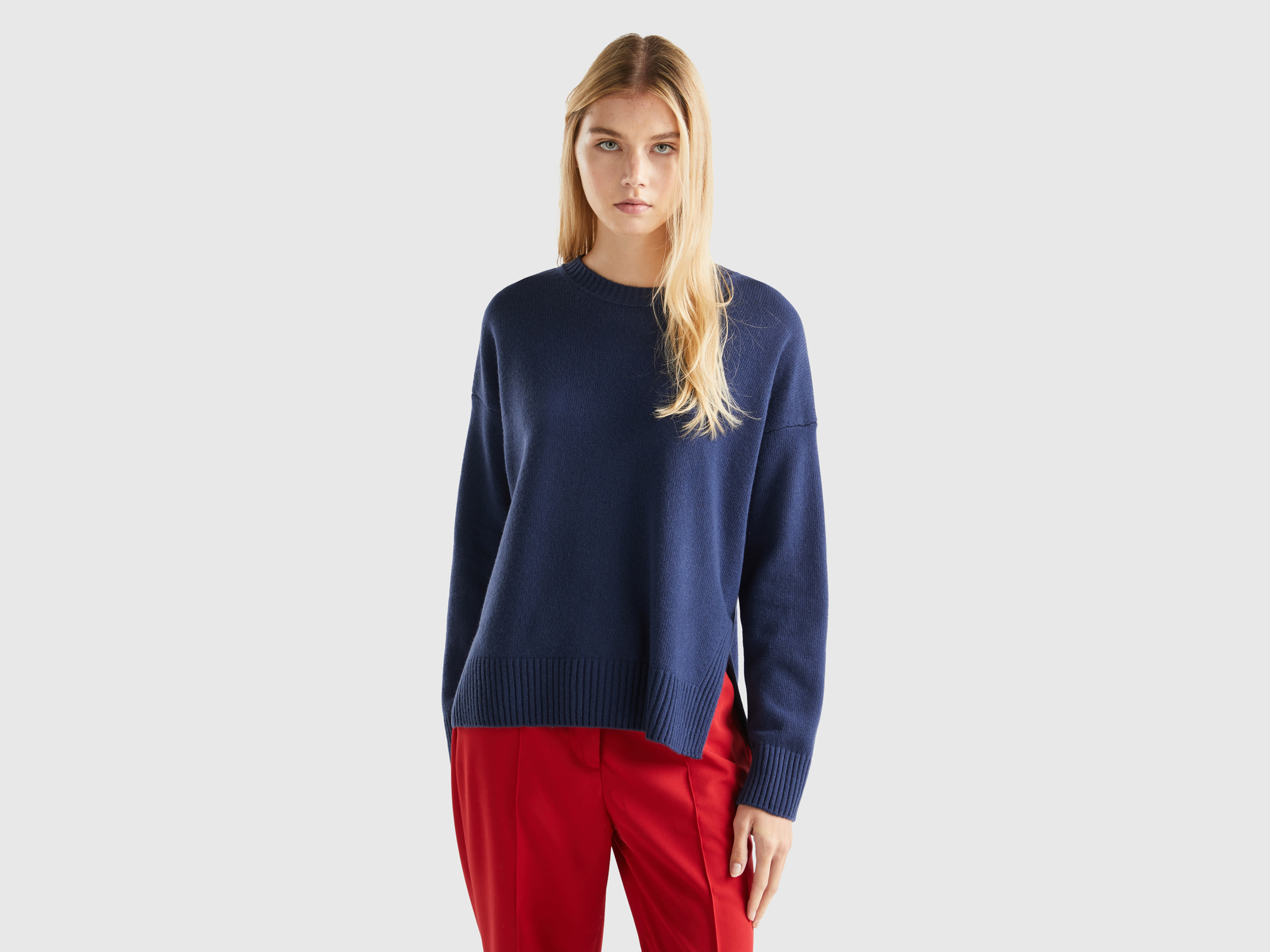 Benetton, Boxy Fit Sweater In Wool Blend, size M, Dark Blue, Women
