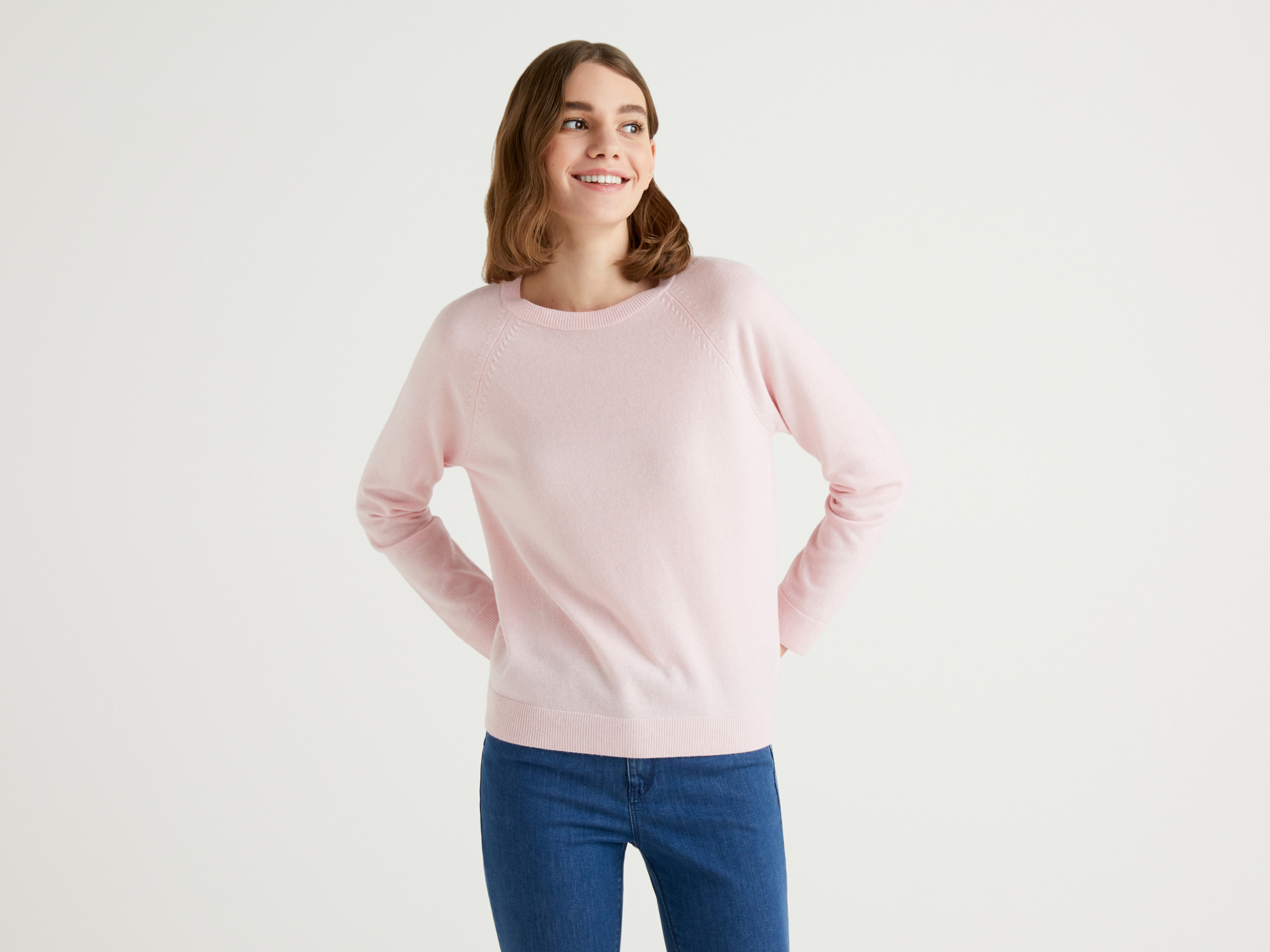 benetton, pink crew neck sweater in cashmere and wool blend, size xs, pink, women