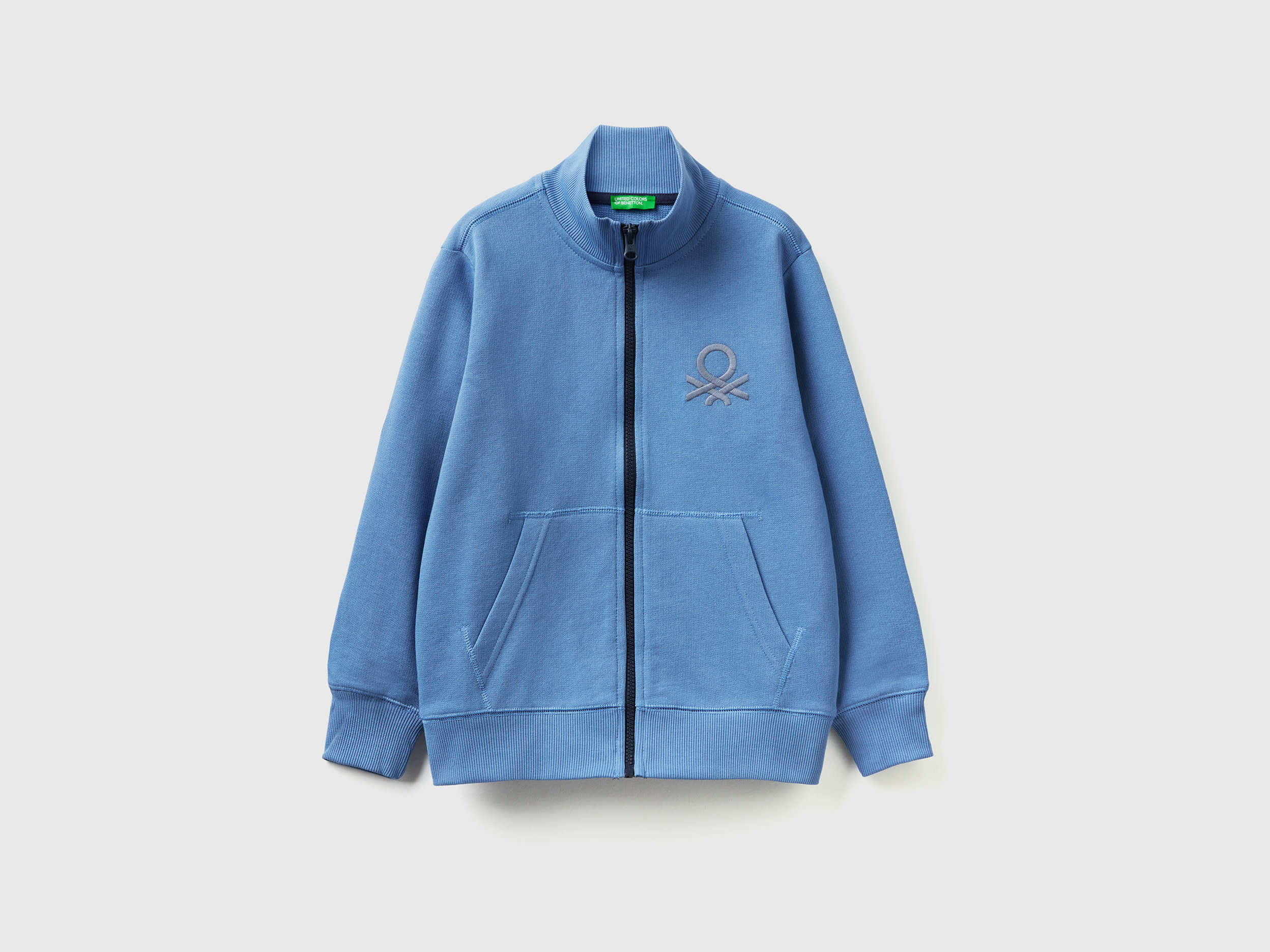 Benetton, Pure Cotton Sweatshirt With Zipper, size L, Light Blue, Kids