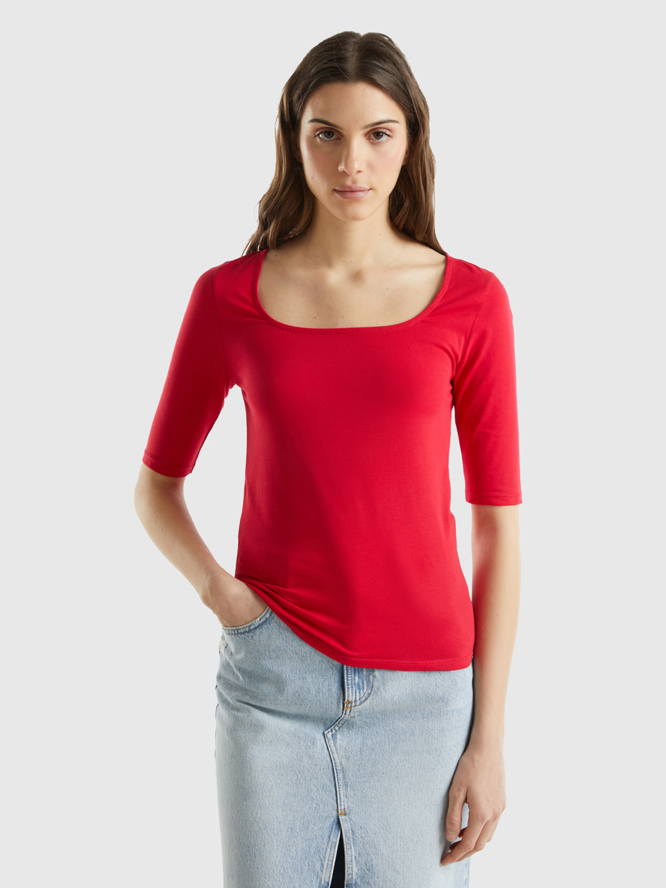 Benetton, Fitted Stretch Cotton T-shirt, Red, Women
