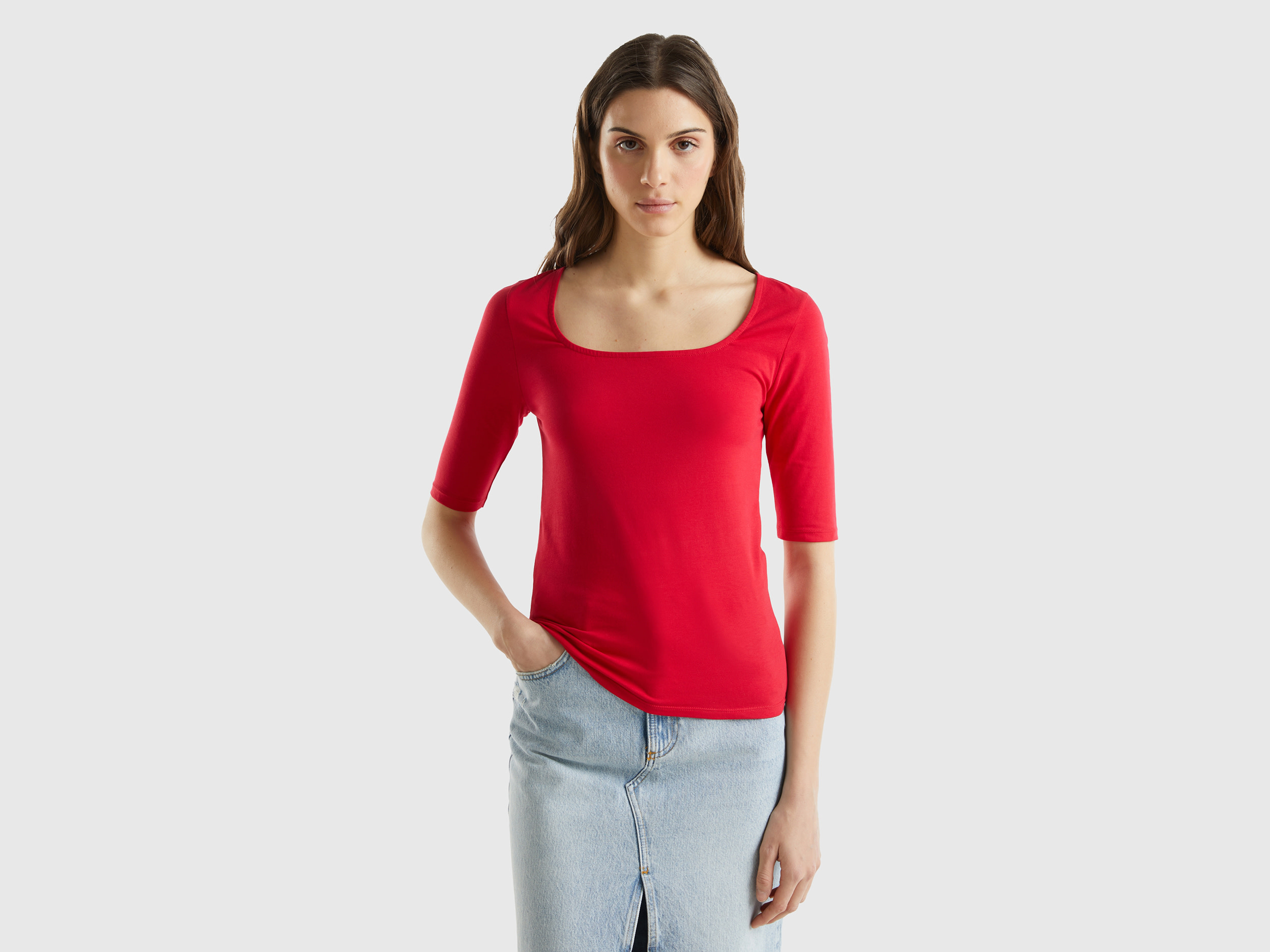 Benetton, T-shirt Aderente In Cotone Stretch, Rosso, Donna