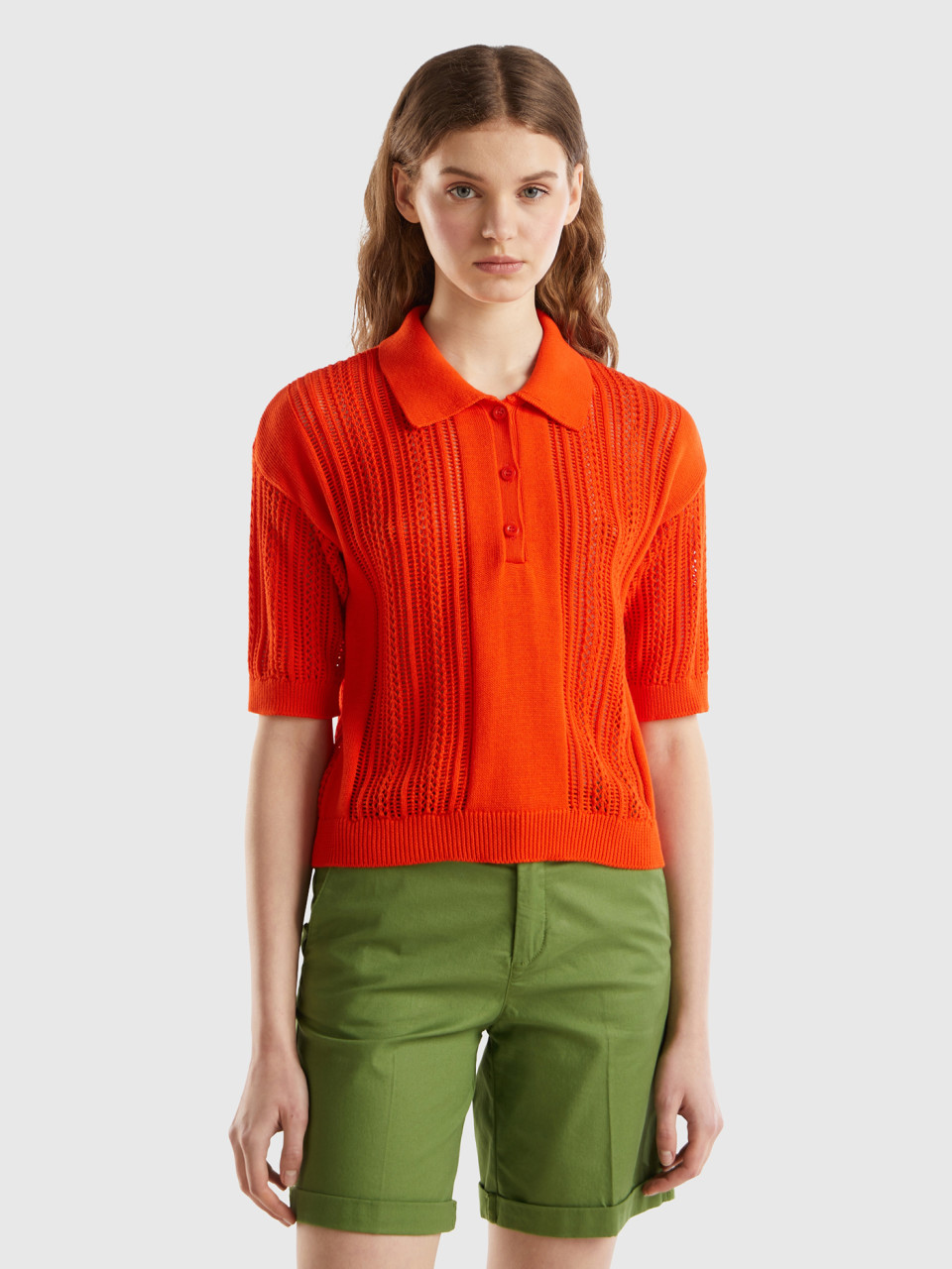 Benetton, Crochet Knit Polo Shirt, , Women