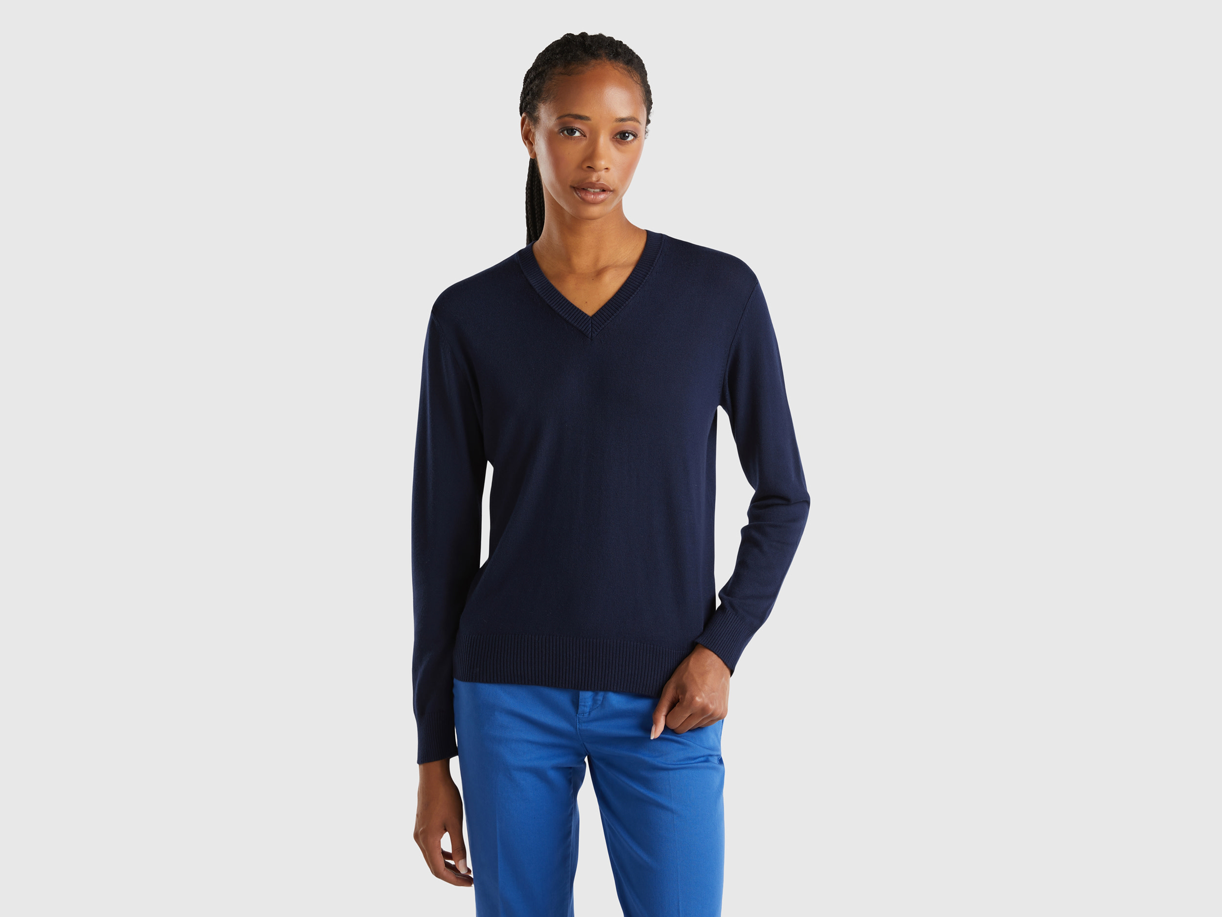 Benetton, Maglia Scollo A V In Misto Modal®, Blu Scuro, Donna
