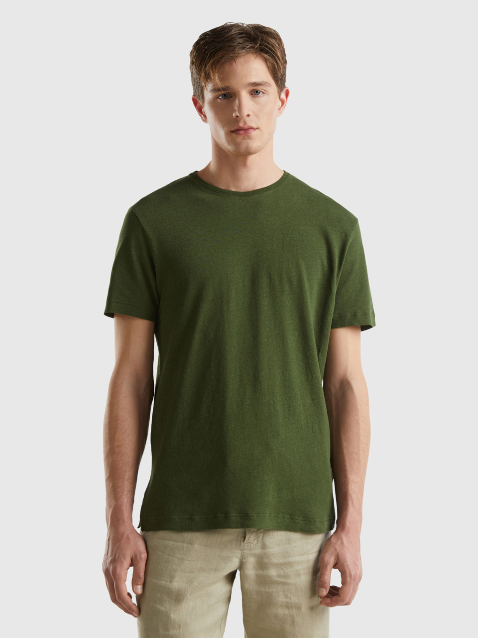 Benetton, T-shirt In Linen Blend, Military Green, Men