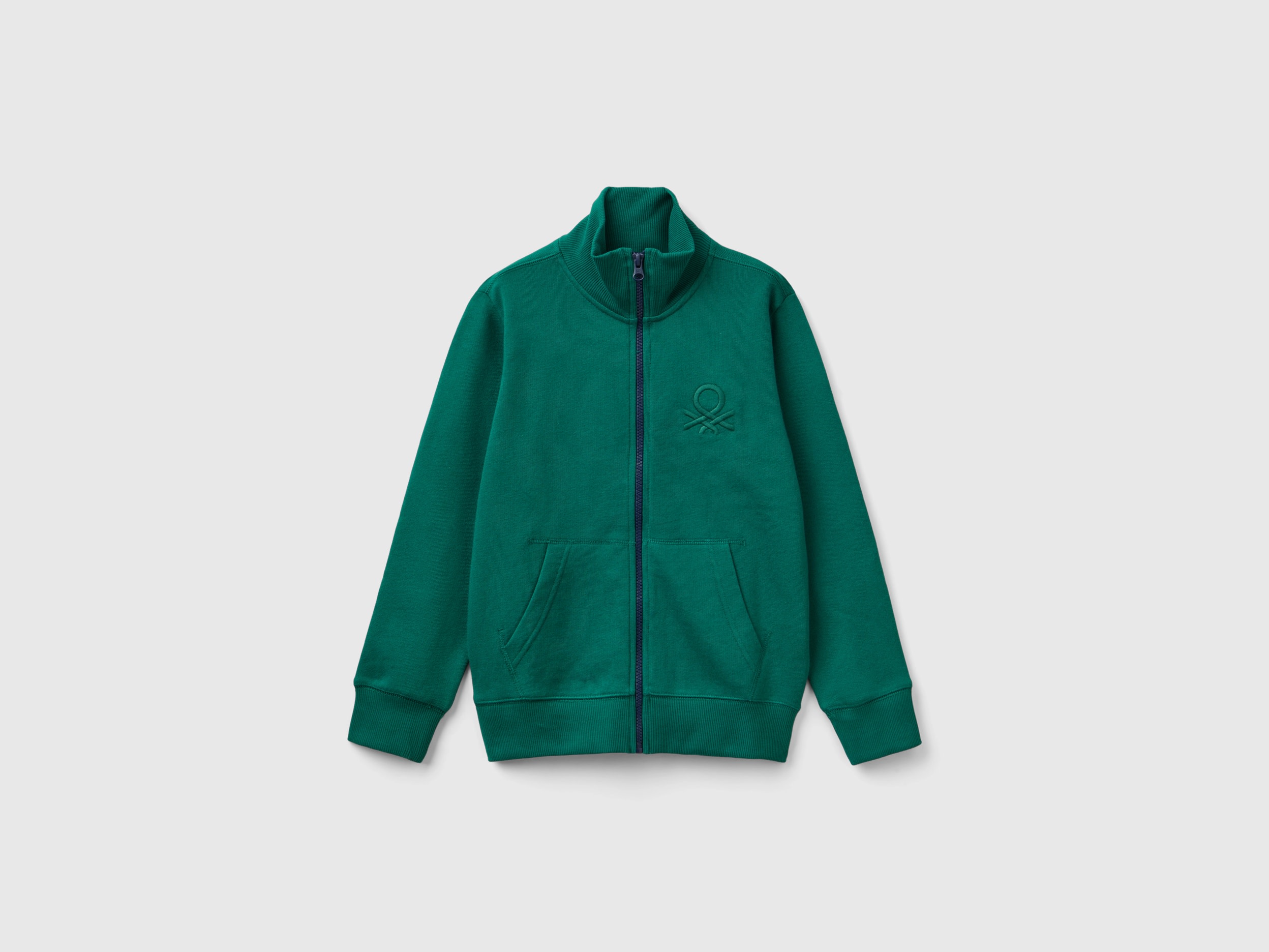 Benetton, Felpa Con Zip In Puro Cotone, Verde Scuro, Bambini