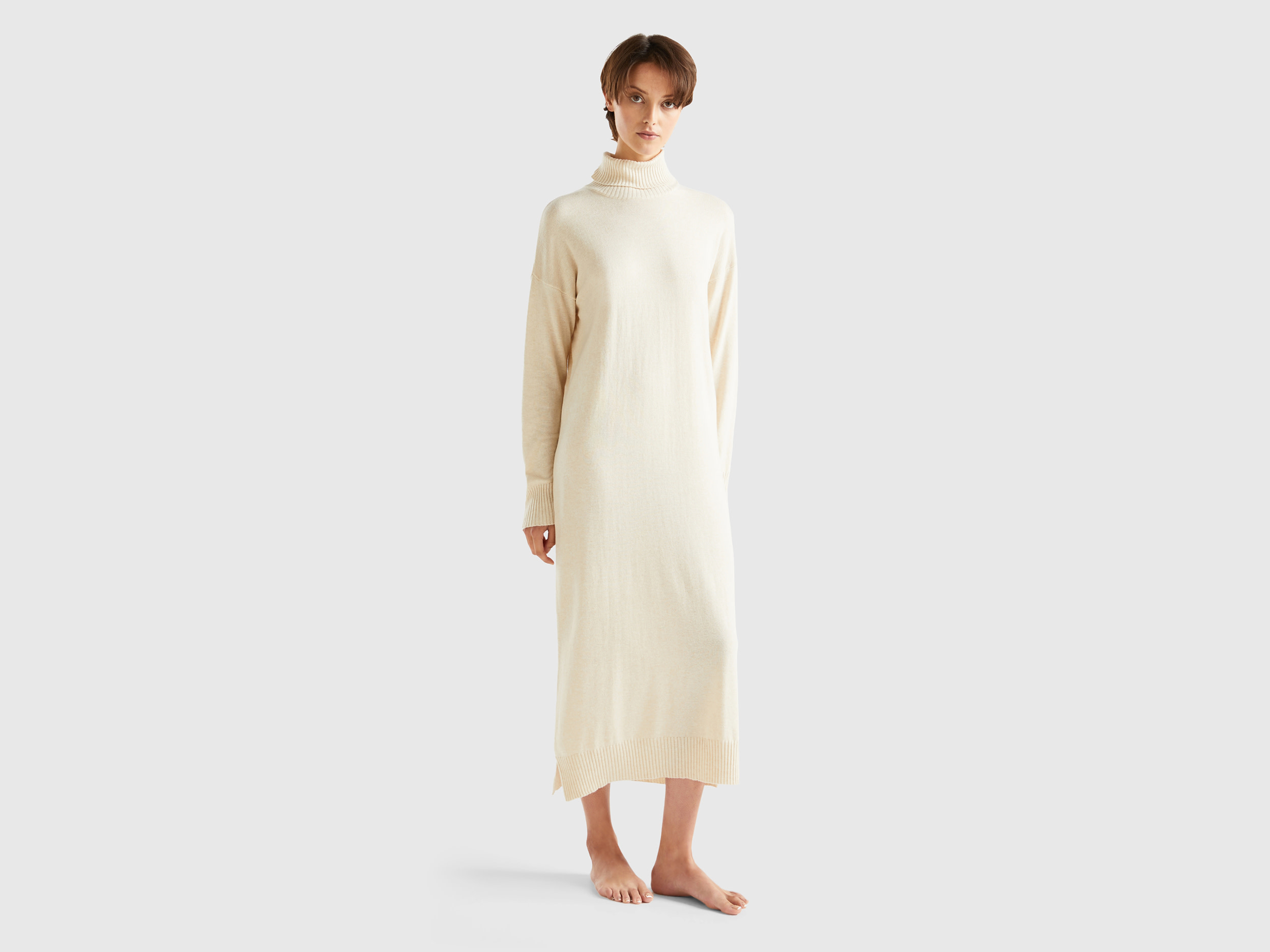 Benetton, Turtleneck Dress In Cashmere Blend, size M-L, Creamy White, Women