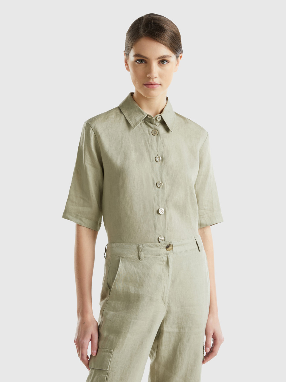 Benetton, Short Shirt In Pure Linen, Light Green, Women