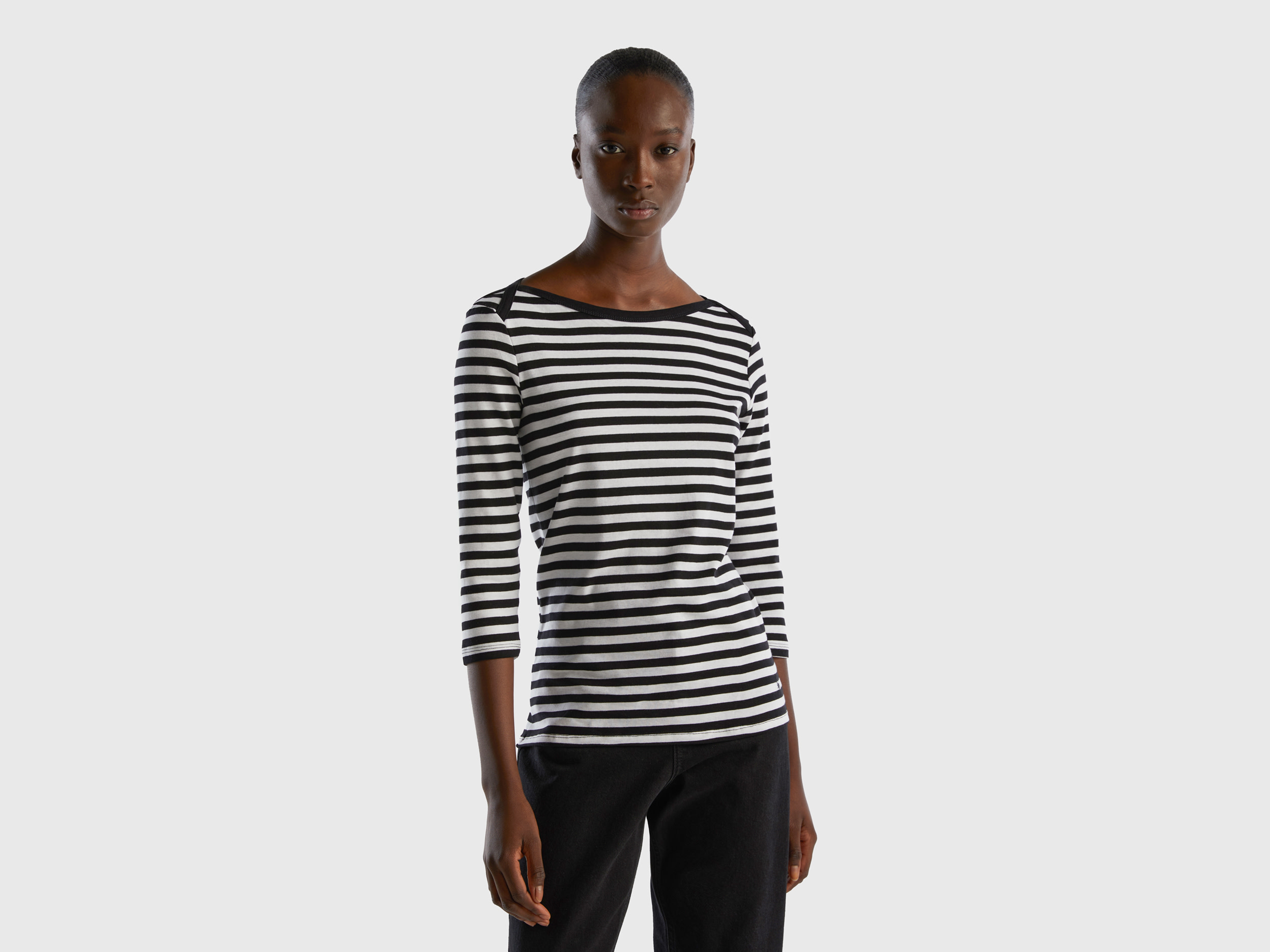 Benetton Online exclusive, Striped 3/4 Sleeve T-shirt In Pure Cotton, size S, Black, Women